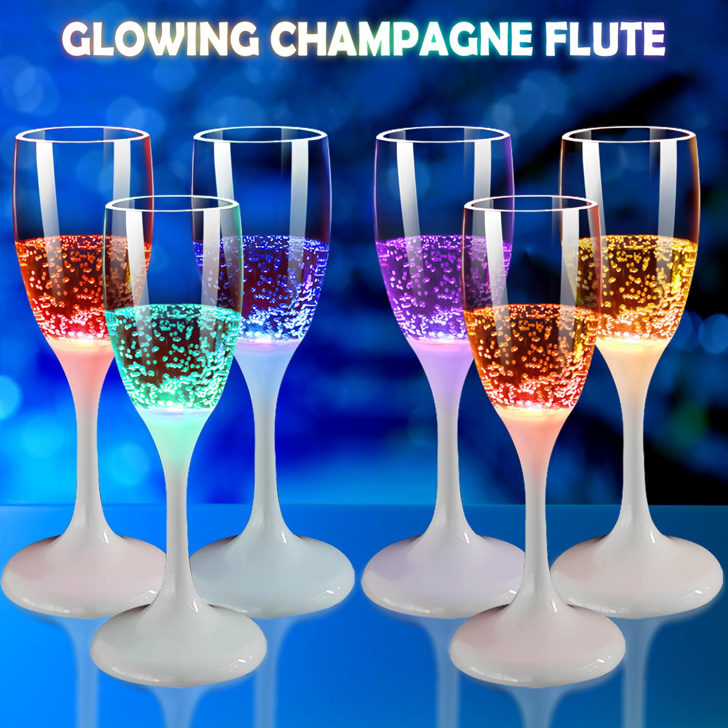 Glow in the Dark LED Light Up Plastic Champagne Flutes - Set of 6 Colorful Party Drinking Glasses for Adults | Perfect for Birthday Celebrations, Christmas Parties, Halloween Events & Wedding Receptions | Reusable Glowing Cups for Cocktails, Wine & Sparkling Beverages