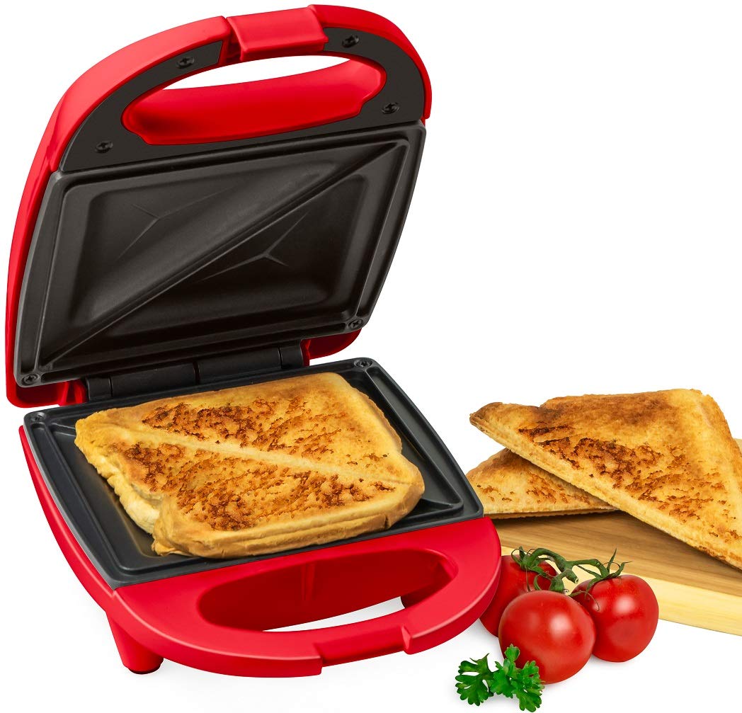 Nostalgia Mini Sandwich Maker - Compact Panini Press & Toaster for Portion Control, Seals & Toasts Perfectly (Red) - Ideal for Dorms, Offices & Small Kitchens