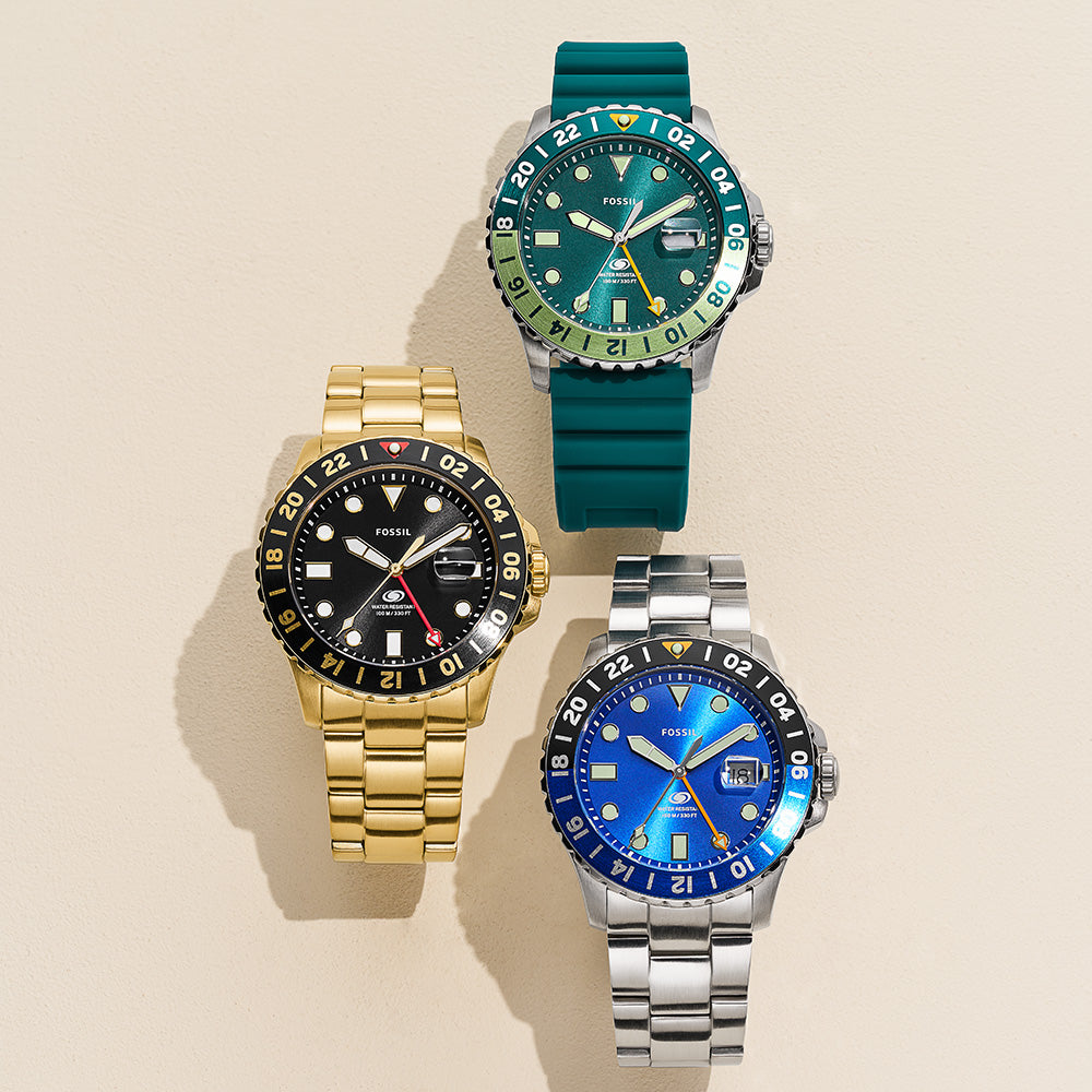 Fossil Blue GMT FS5990 Men's Stainless Steel Watch - Waterproof, Date Display - Perfect for Business, Travel & Everyday Wear