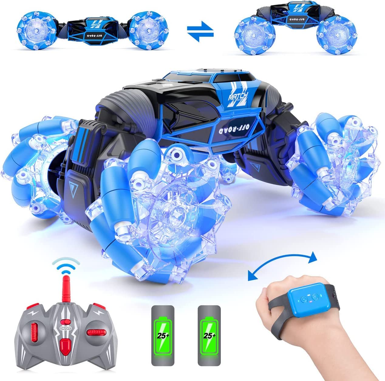 PowerExtra Gesture RC Car - 4WD 2.4GHz Remote Control Stunt Vehicle with Hand Gesture Sensing, 360° Rotation, LED Lights & Music - Best Off-Road Toy Car for Kids Ages 6-12 (Blue) - Perfect for Indoor Play, Backyard Racing & Birthday Gifts