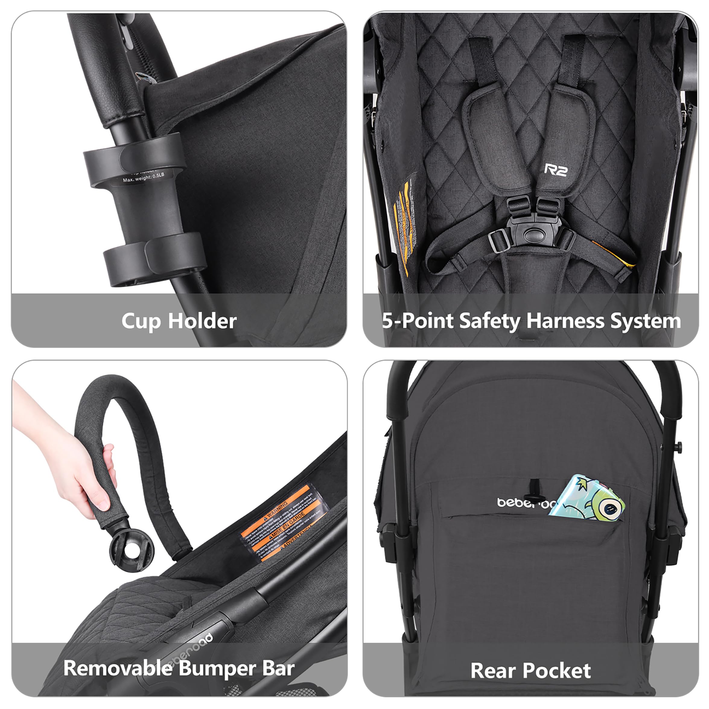 Beberoad Love R2 Compact Lightweight Travel Stroller for Toddlers - Foldable Baby Stroller with Adjustable Backrest, Cup Holder & Waterproof Canopy (Black) | Perfect for Airplane Travel, Shopping & Daily Walks