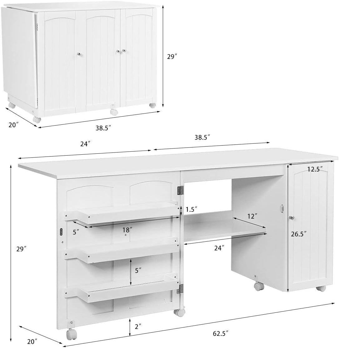 Foldable Sewing Craft Table with 3 Storage Bins & Shelf - Mobile Sewing Cabinet with Locking Wheels, White Space-Saving Workstation for Sewing Machines & Craft Projects - Perfect for Apartments, Small Spaces & Home Studios