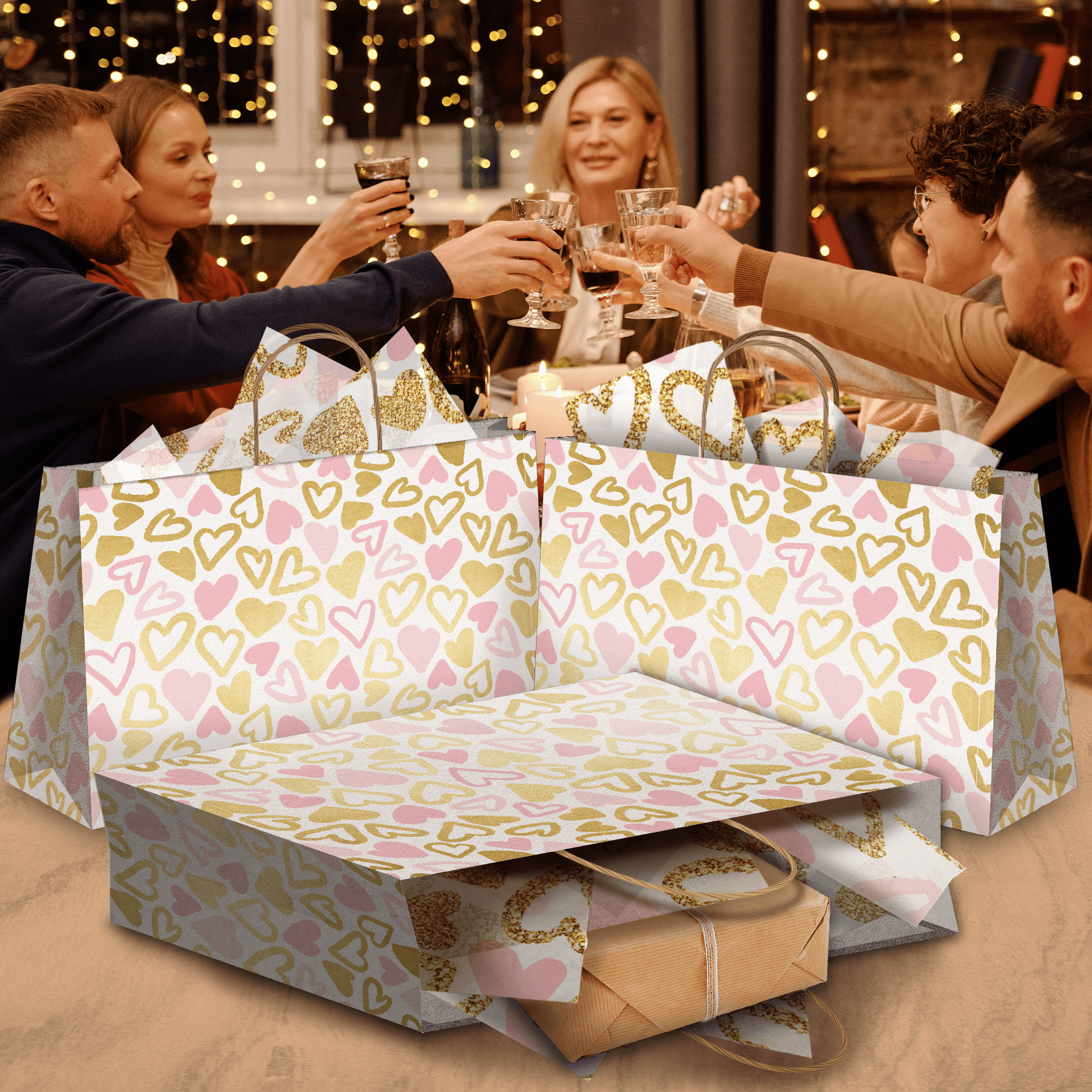 Stylish Pink & Gold Heart Print Large Gift Bags - 11.5x16x6 Inch Vogue Kraft Shopping Bags with Handles - Perfect for Birthday Parties, Baby Showers & Wedding Favors