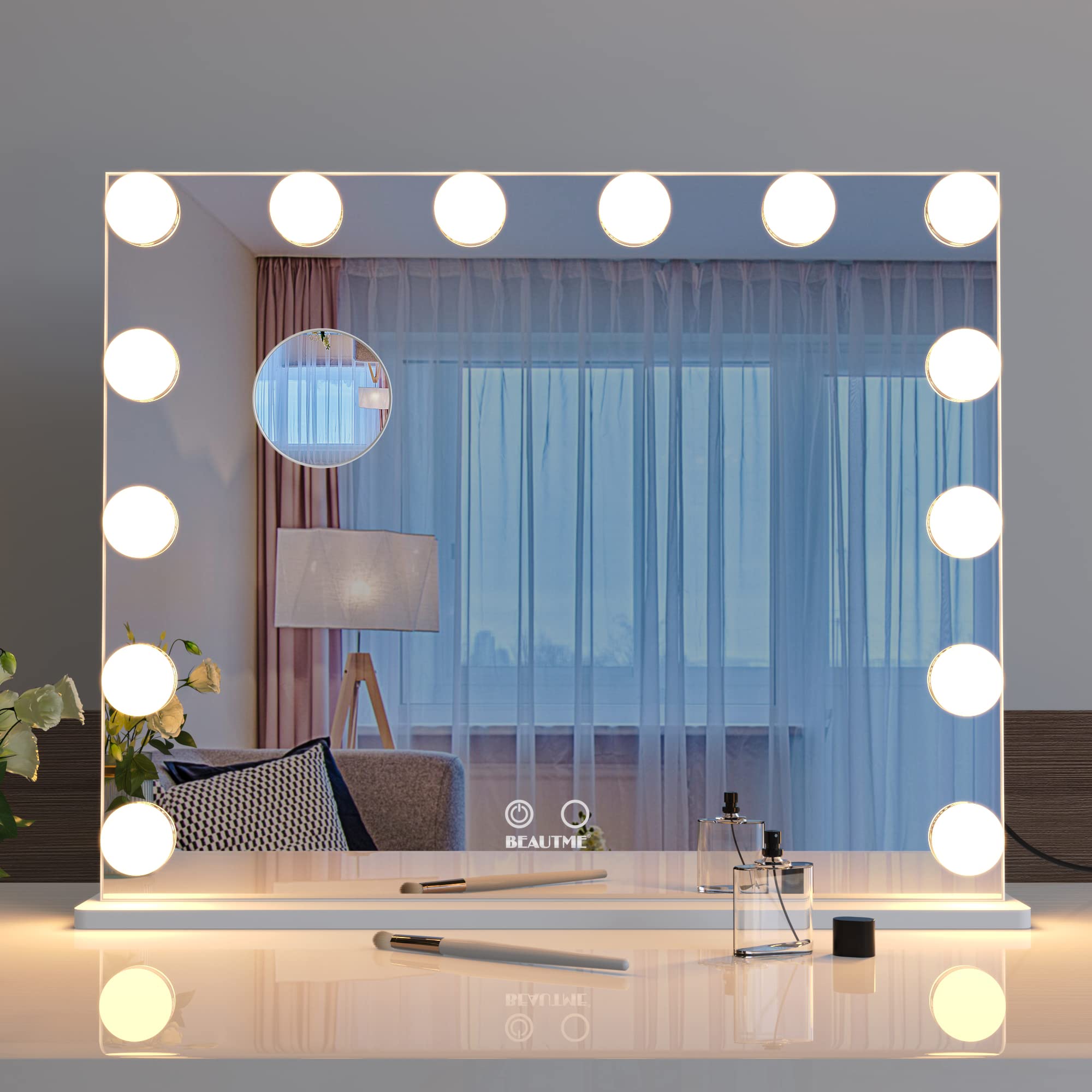 BEAUTME Large Hollywood Lighted Makeup Mirror with Smart Touch Button - 360° Adjustable Vanity Mirror with LED Lights for Tabletop or Wall Mounted - Perfect for Makeup, Skincare & Hair Styling at Home or Salon