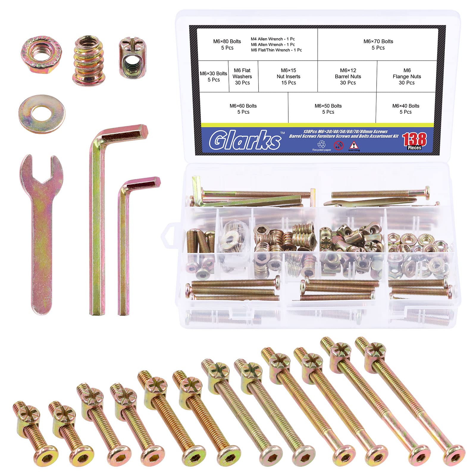 Glarks 138Pcs M6 Baby Crib Screw Kit with Nuts & Washers for Furniture Repair