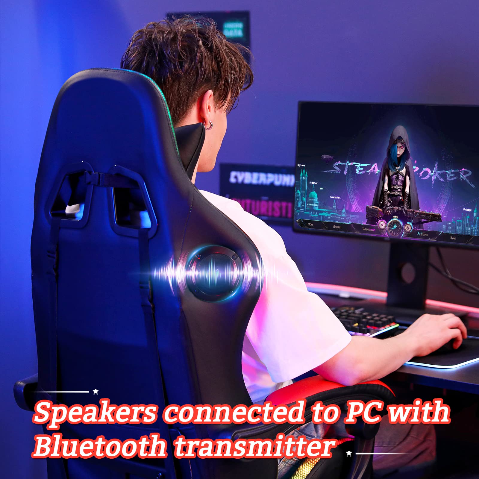 RGB Gaming Chair with Bluetooth Speakers & LED Lights - Ergonomic Massage Computer Chair with Adjustable Footrest, High Back & Lumbar Support - Red & Black Gaming Throne for PC, Console & Streaming Setup