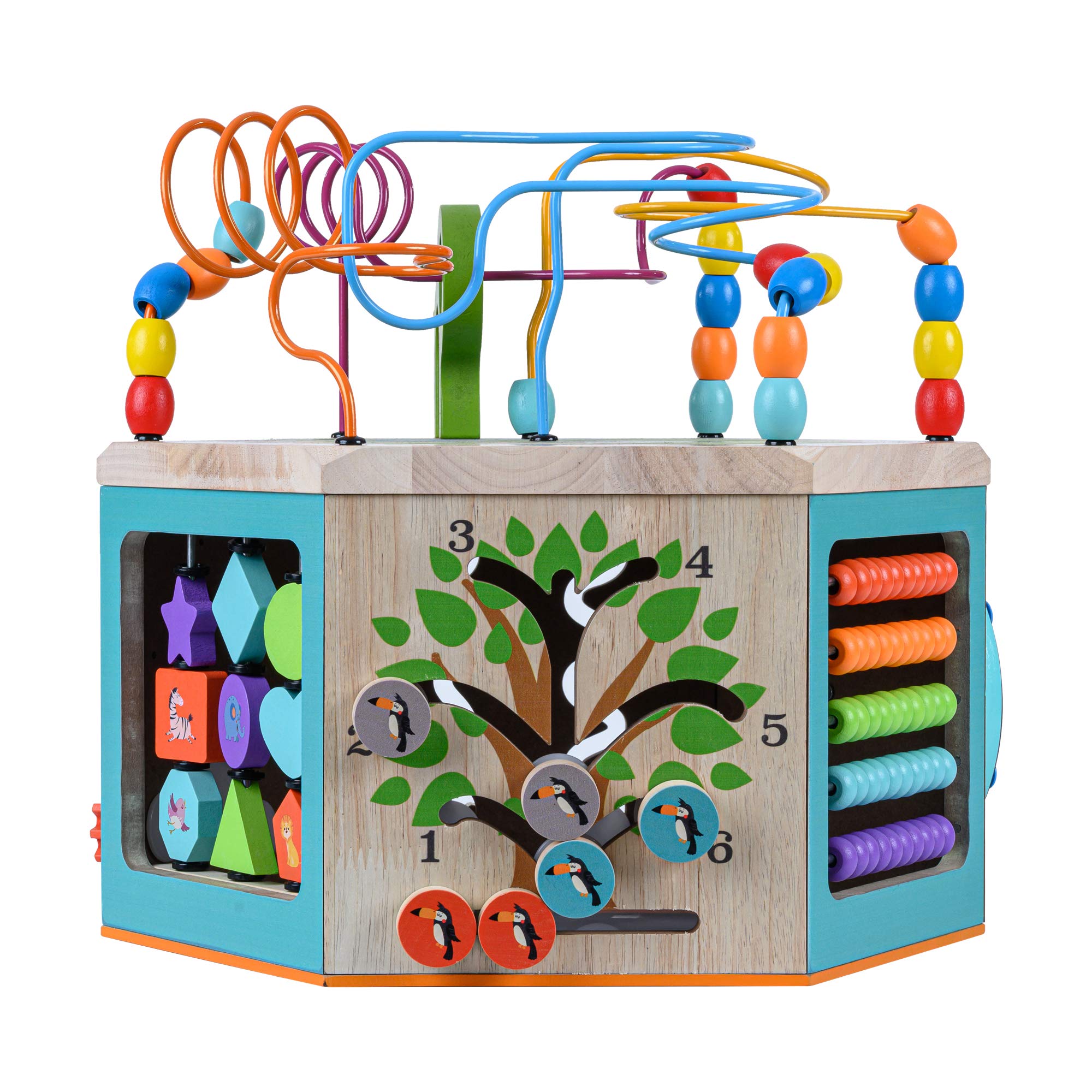 Teamson Kids Preschool Play Lab 7-in-1 Large Wooden Activity Cube - Bead Maze, Counting Toys & Learning Station for Toddlers & Babies (Natural Wood) - Perfect for Early Childhood Development & Montessori Playrooms