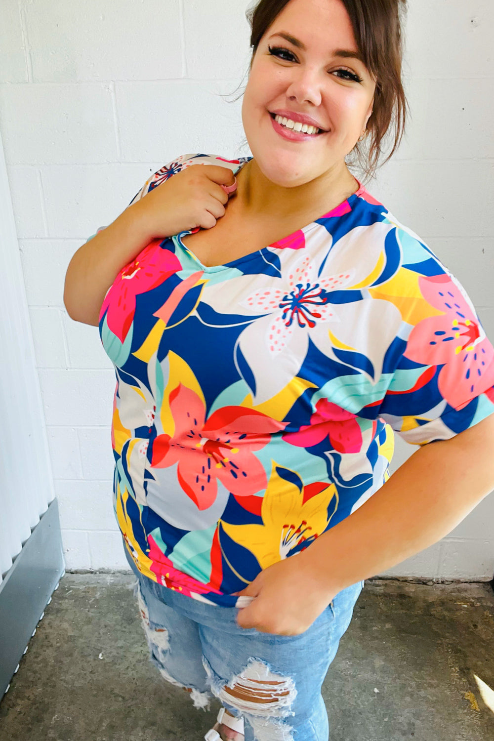 Navy & Yellow Tropical Floral V-Neck Top for Women - Summer Beach Vacation Outfit, Casual Boho Blouse for Travel & Date Night