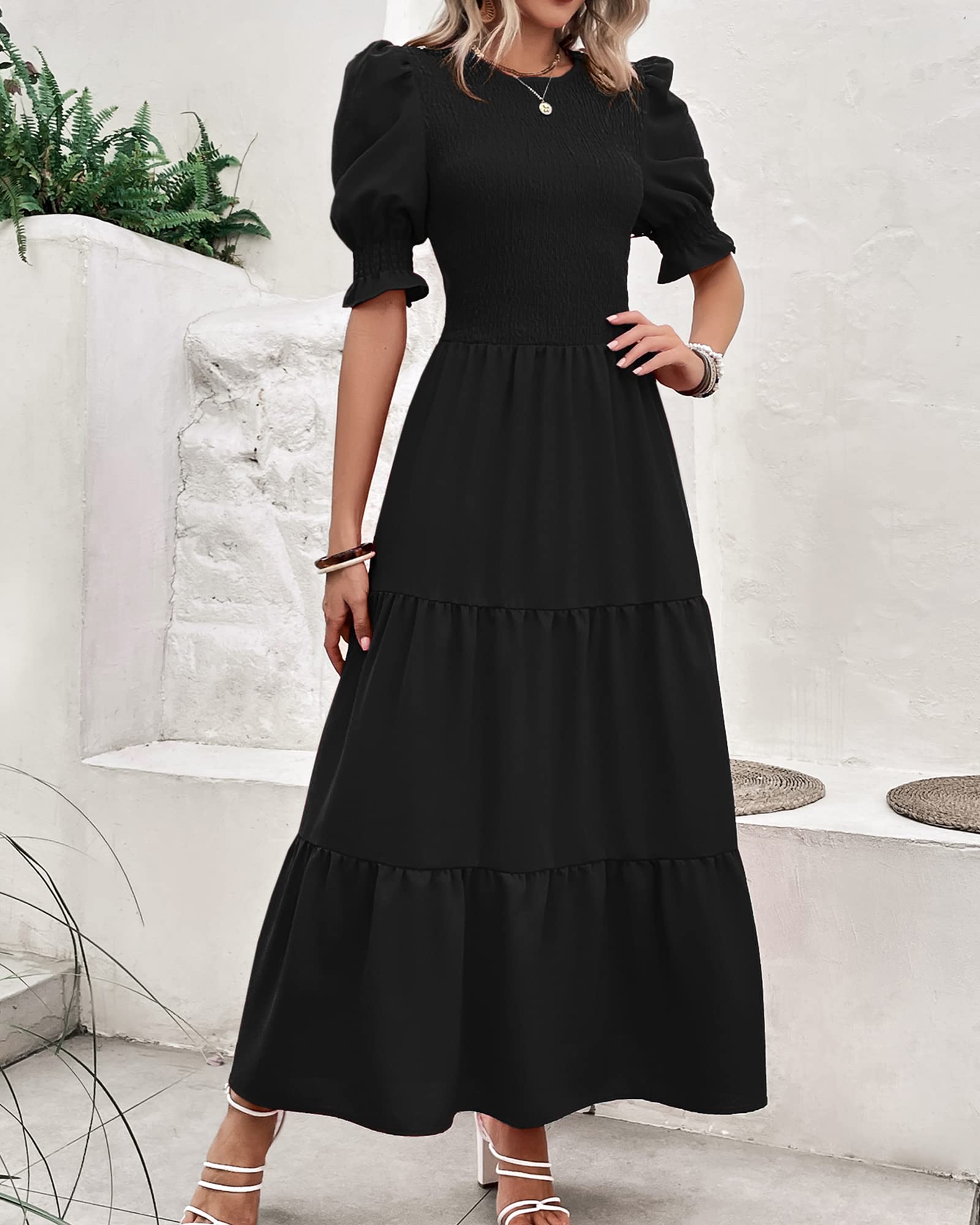 BTFBM Women's Floral Print Boho Maxi Dress - Crew Neck, Ruffle Short Sleeve, Smocked Waist, Flowy Summer Dress for 2025 | Perfect for Beach Vacations, Music Festivals & Casual Outings