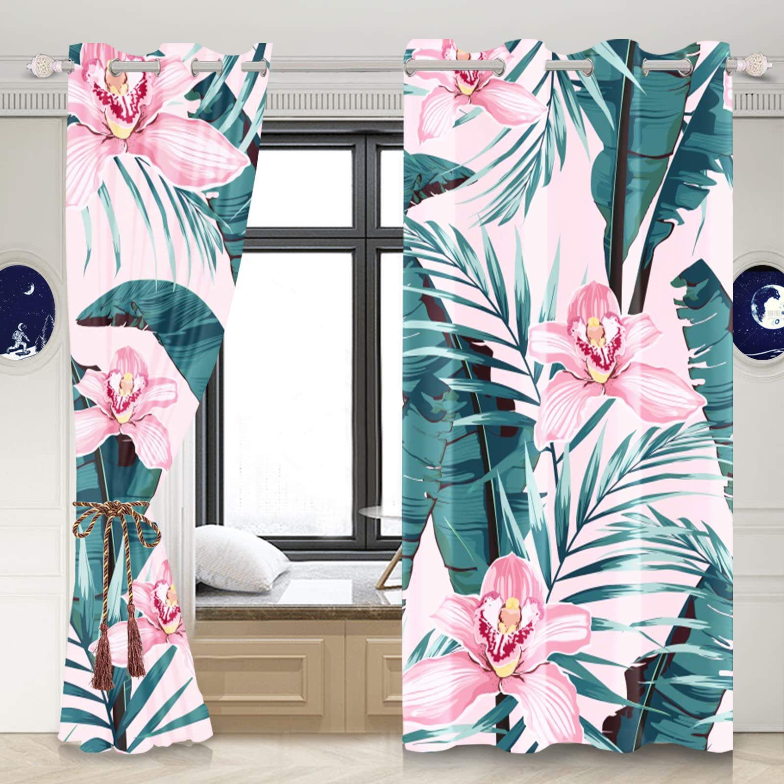 Banana Leaf Window Curtains - Tropical Pink Floral Palm Leaf Blackout Drapes for Kitchen, Living Room, Bedroom & Hotel Decor (53x63 Inch, 2 Panels) | Perfect for Beach House, Boho Chic & Tropical Themed Interiors