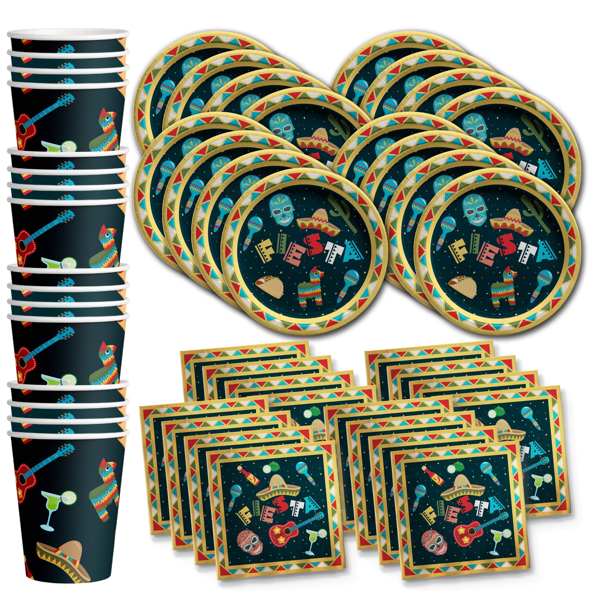 Mexican Fiesta Party Supplies - 16-Piece Taco Plate Set with Napkins & Cups | Taco Themed Dinnerware for Cinco de Mayo, Birthday Parties & Family Gatherings