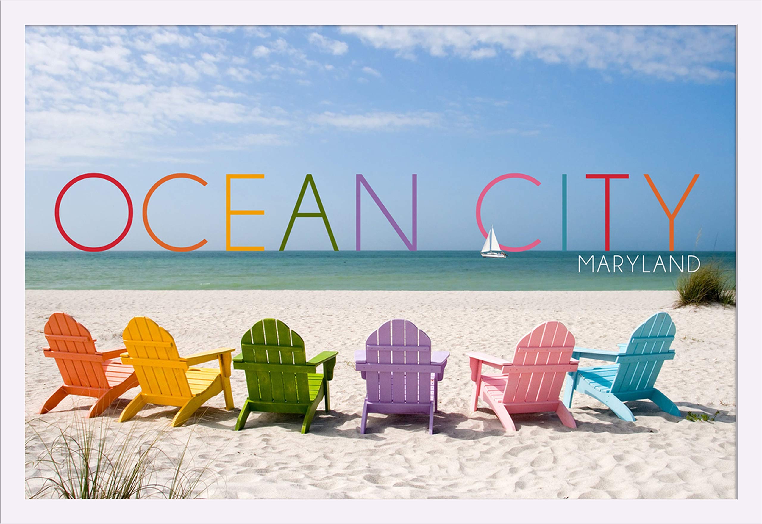 Ocean City Maryland Beach Chairs Art Print - 36x24 Giclee Gallery Framed Wall Decor - Coastal Home Decor for Living Room, Bedroom & Office