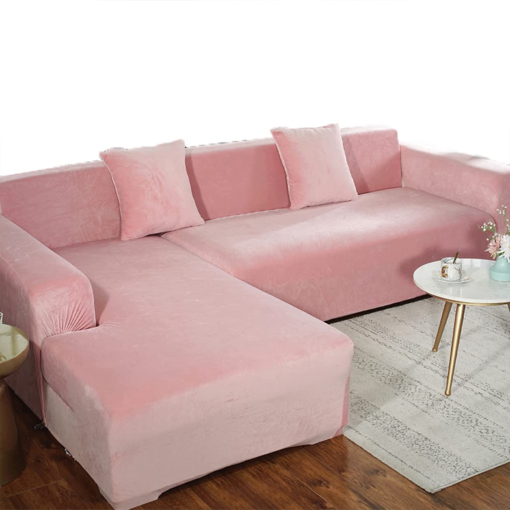 Anti-Wrinkle Velvet Sectional Sofa Slipcover - Thick Plush Suede L-Shaped Stretch Couch Cover - Full Furniture Protector for Living Room, Family Room & Home Theater (Pink, L Sectional Sofa)