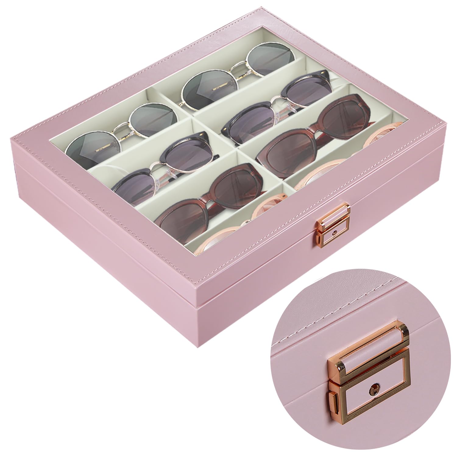 BLIENCE 8 Slot PU Leather Sunglasses Organizer Case for Women - Eyeglasses Storage Box with Clear Top & Lock, Jewelry and Watch Display Case - Perfect for Travel, Home Organization and Sunglasses Collection (Sweet Pink)