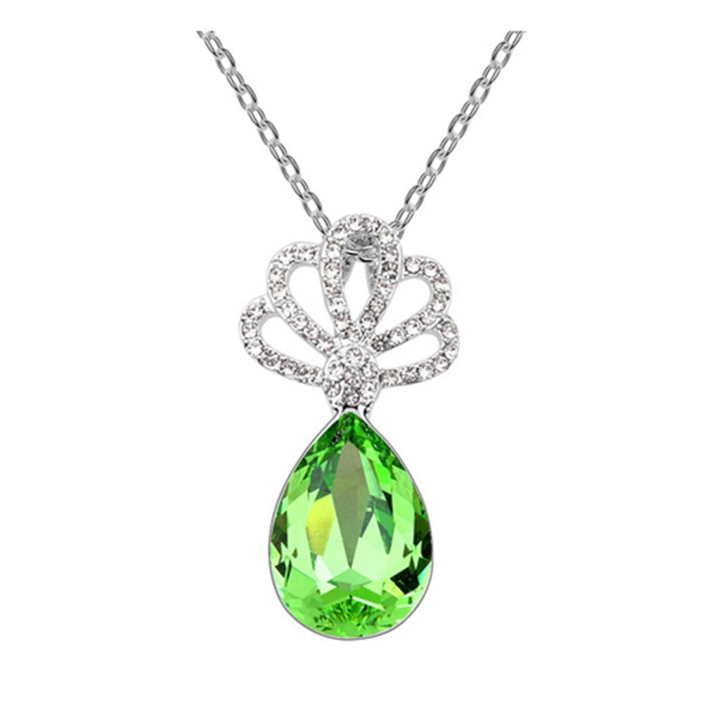 White Gold Plated Teardrop Olive Green Swarovski Crystal Lotus Pendant Necklace – Perfect for Weddings, Parties & Special Occasions