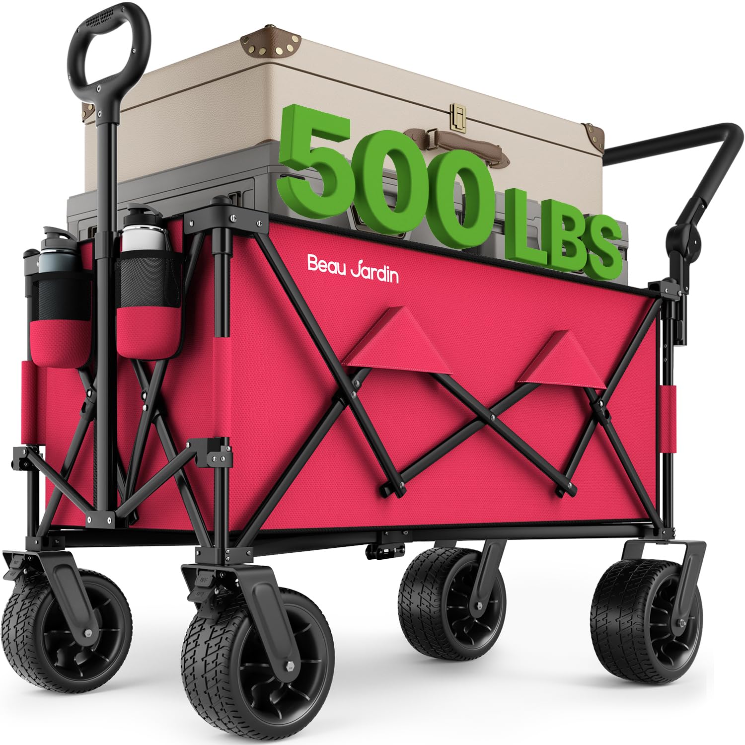 Beau Jardin 500 lbs Folding Beach Wagon Cart with All-Terrain Wheels & Push Handle - Heavy Duty Collapsible Utility Wagon for Grocery Shopping, Camping, Sports, Gardening & Outdoor Activities (Red)