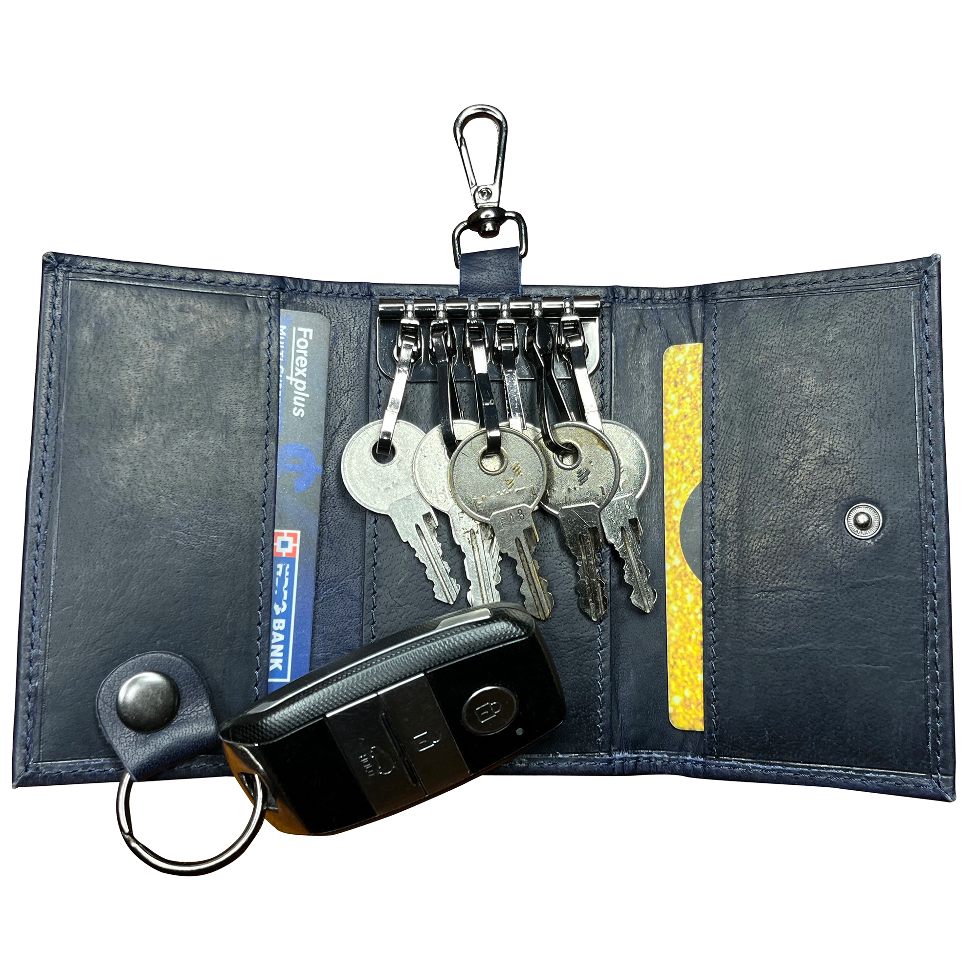 Premium Genuine Leather Key Holder - Smart Fob Car Key Loop with Durable Metal Ring - Slim Minimalist Keychain Organizer (Blue) - Perfect for Car Keys, House Keys & Office Keys