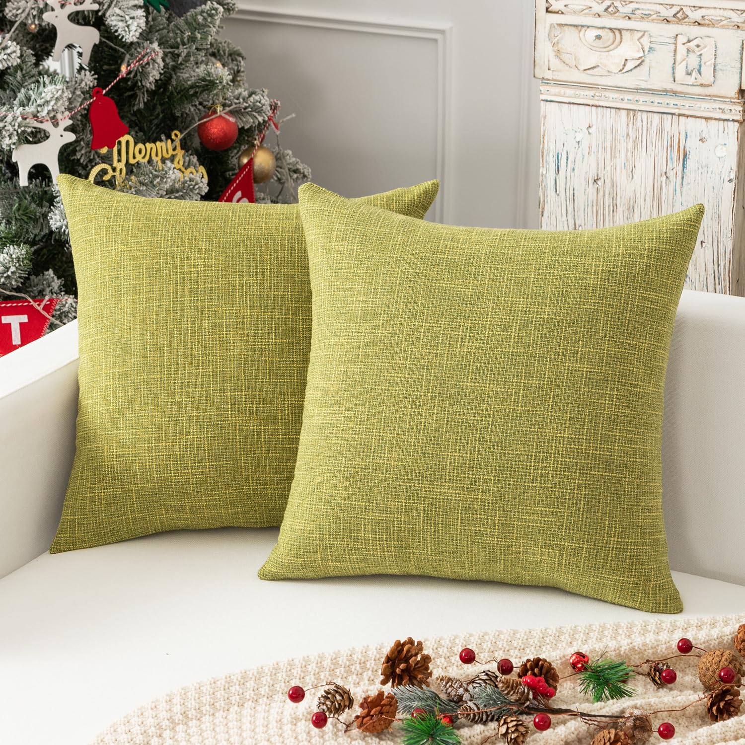 Kevin Textile Pack of 2 Decorative 2-Tone Fresh Linen Pillow Covers - 24x24 Inches, Linden Green - Soft Cushion Covers for Sofa, Bed, Chair & Car - Perfect for Living Room, Bedroom & Home Decor