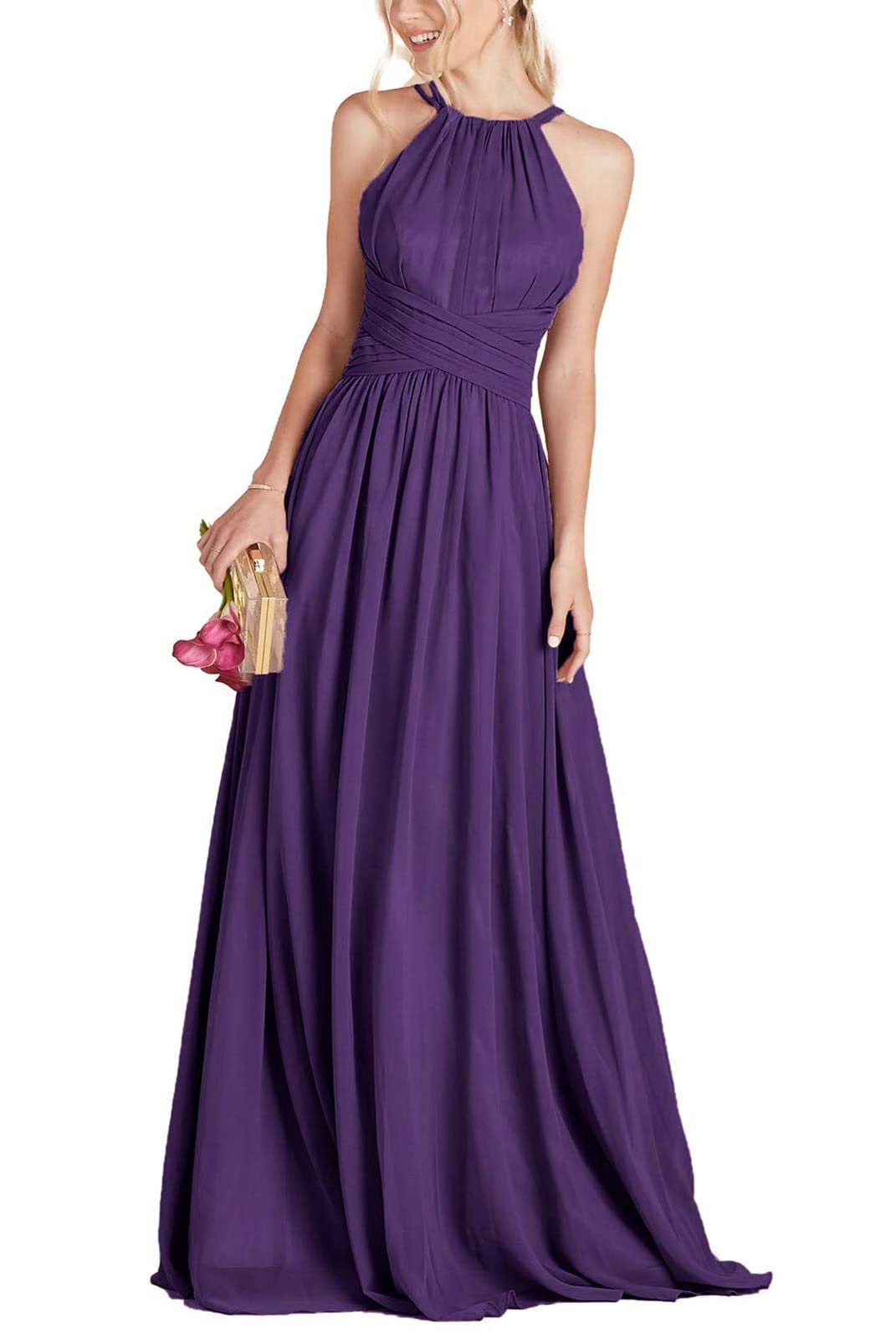 PrettyTatum Women's Halter Bridesmaid Dresses Long Formal Prom Gown A-Line Pleated Chiffon Skirt - Elegant Evening Wear for Weddings, Parties & Special Occasions