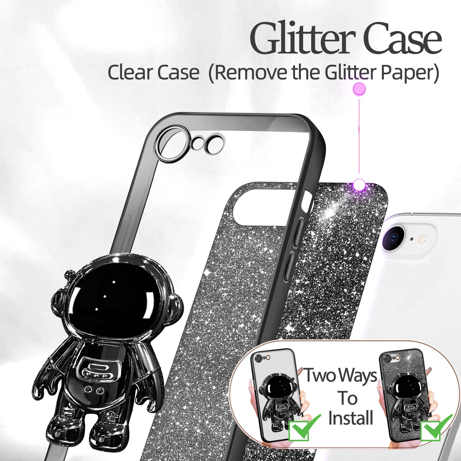 Buleens iPhone 6/6s Case - Cute Astronaut Clear Glitter Phone Cover with Spaceman Stand | Electroplated Sparkly Space Design for Women & Girls | Perfect for Everyday Use, School, and Gift Giving (Black)