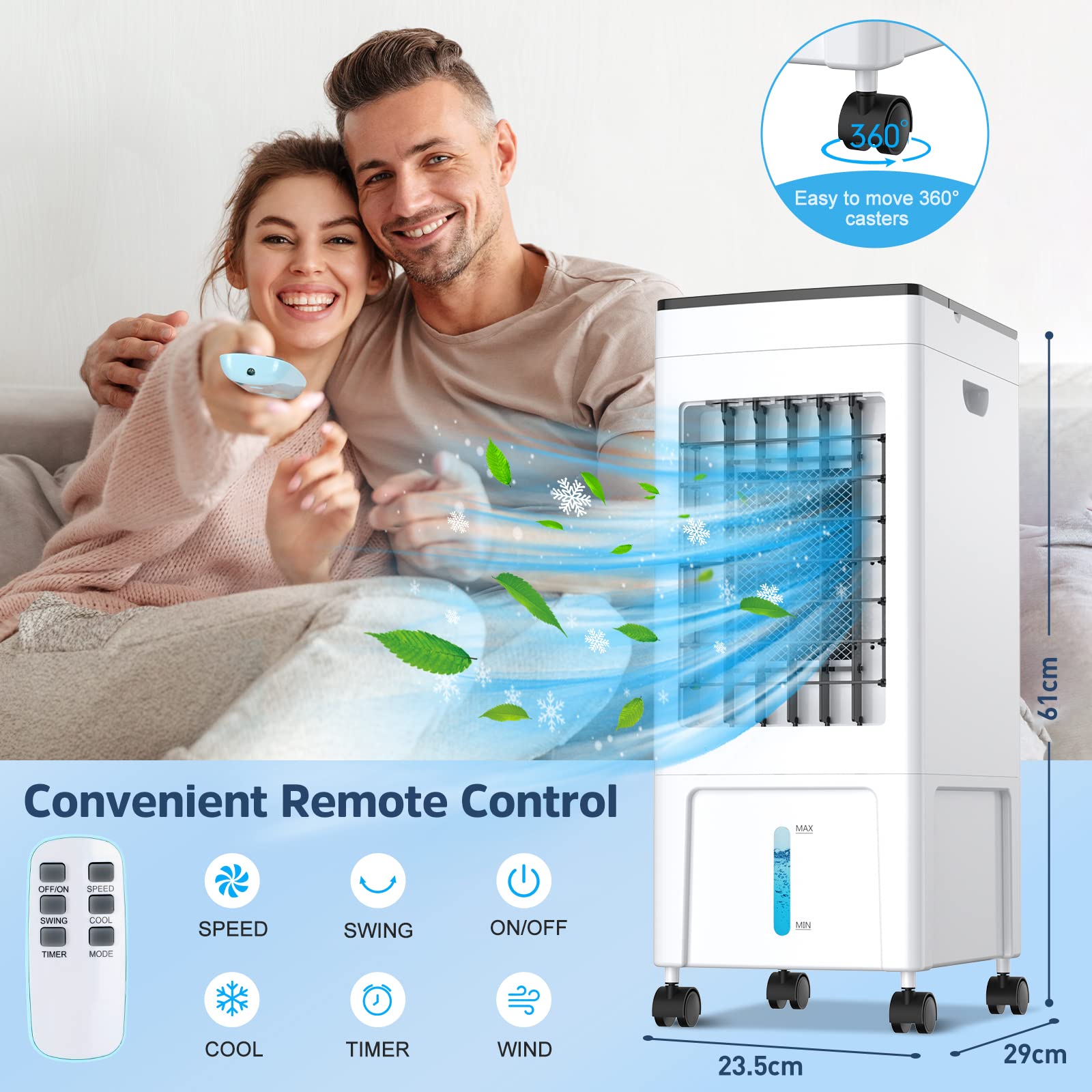 4-in-1 Portable Evaporative Air Cooler with 8L Water Tank - 60W Cooling Fan, Humidifier & Air Purifier - 3 Speed Modes, 1-8H Timer & Remote Control - Includes 4 Ice Boxes for Home, Office, Kitchen - Perfect for Summer Cooling & Indoor Air Circulation