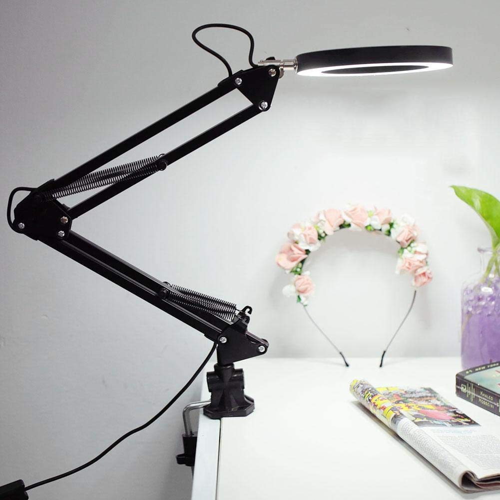 Brrnoo Swing Arm LED Desk Lamp with Clamp - Dimmable Eye-Caring Table Light, USB Powered Foldable Task Lamp for Reading, Working, Tattoo Artists | Perfect for Home Office, Bedroom Nightstand, and Studio Workspace