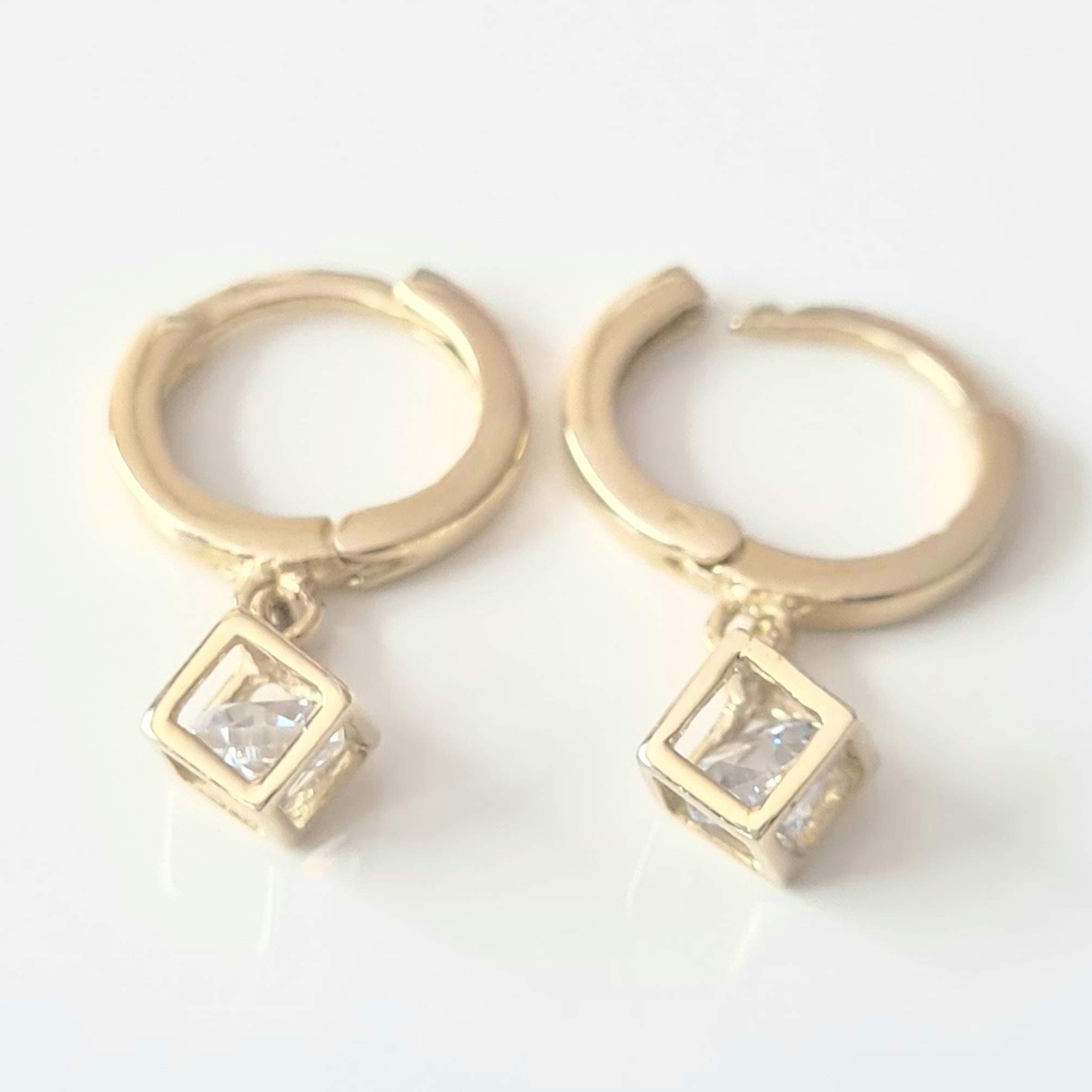 14K Solid Gold Dangle Drop Earrings for Women | Cubic Zirconia CZ Moving Inside | Elegant Party, Wedding & Evening Wear Jewelry