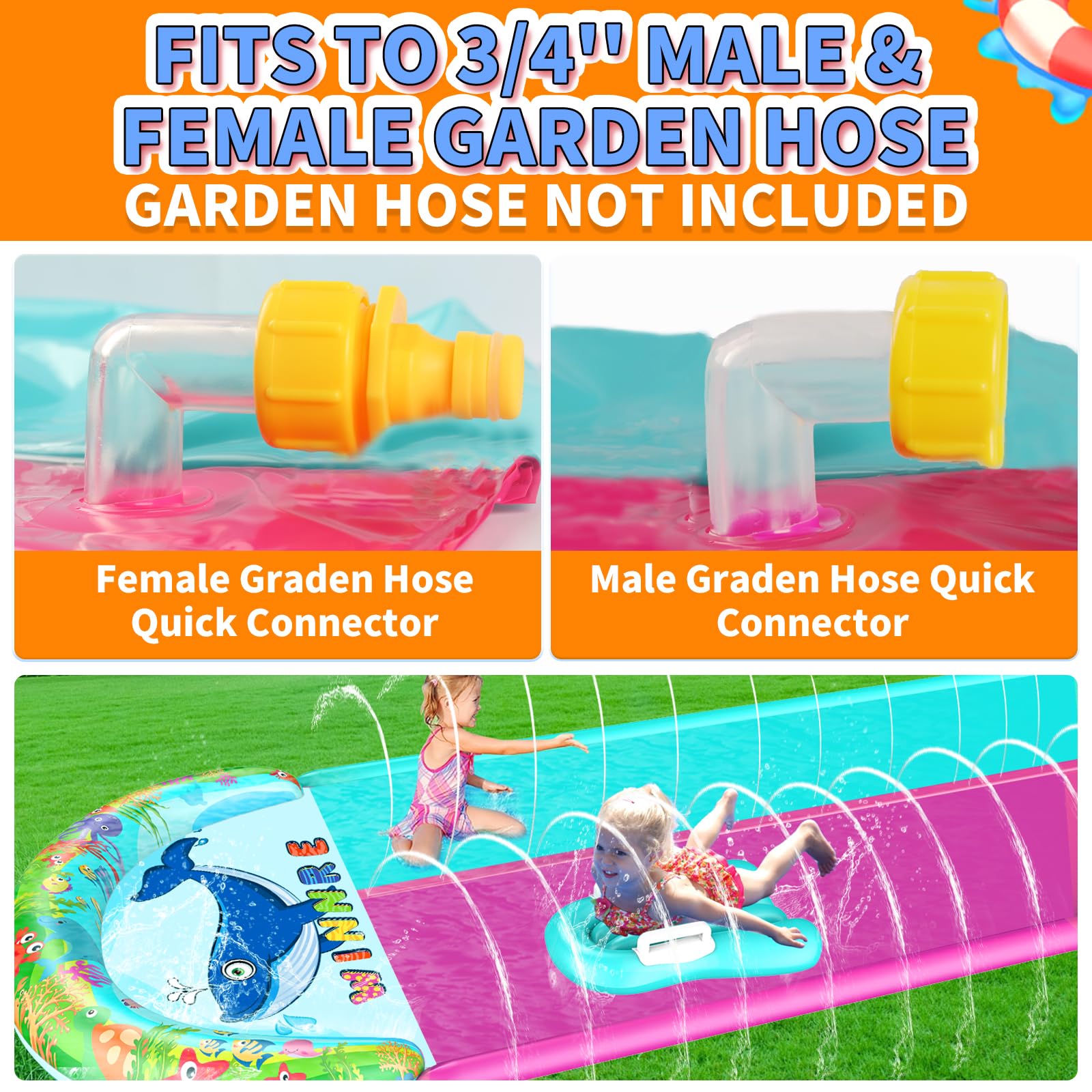 33FT x 6FT Extra Long Double Lane Inflatable Water Slide for Kids & Adults - Heavy Duty Backyard Water Park with Sprinkler System, 2 Inflatable Bodyboards & Safety Crash Pad - Perfect for Summer Parties, Family Gatherings & Outdoor Water Play Activities