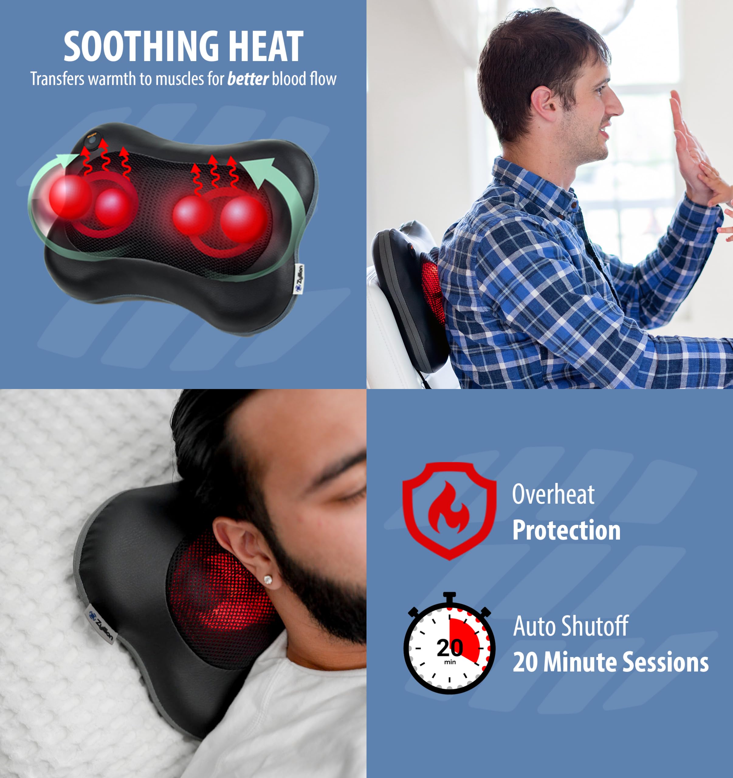 Zyllion Shiatsu Back Massager with Heat & Vibration - Black | Deep Tissue Muscle Massage Roller - Black/Blue | Perfect for Home, Office & Post-Workout Recovery