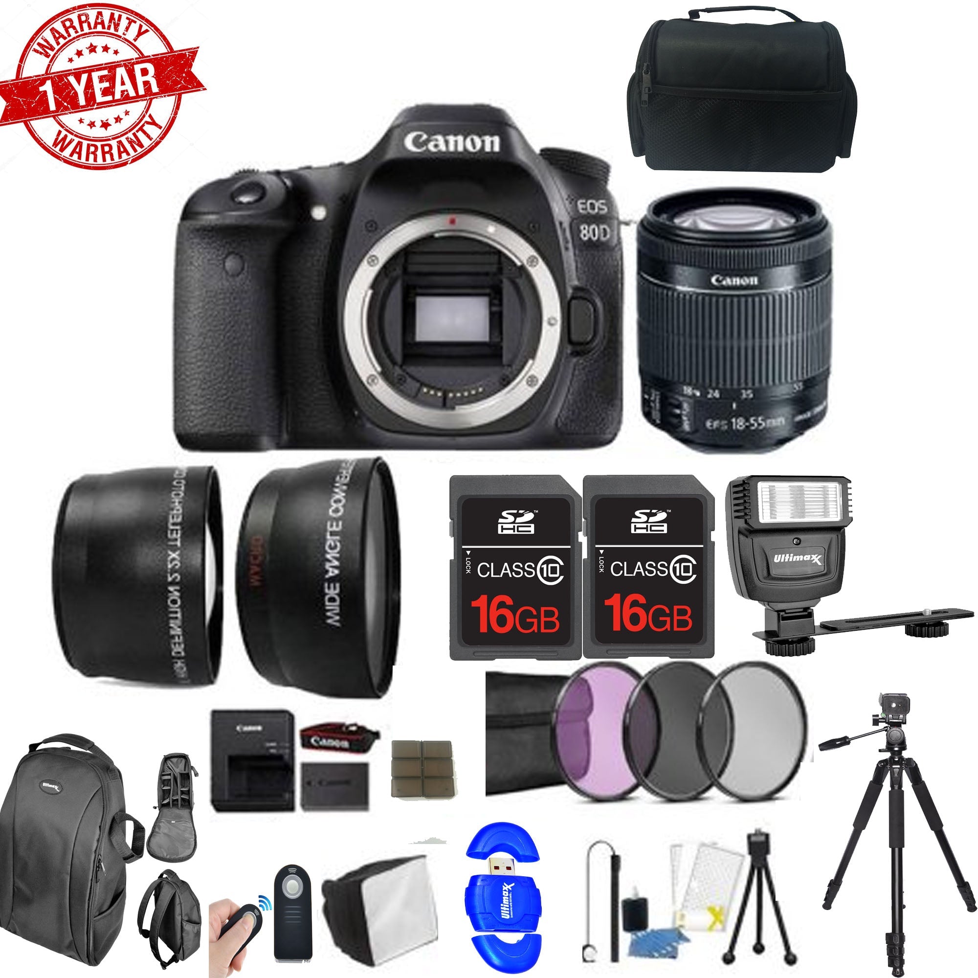 Canon EOS 80D 24.2MP Digital SLR Camera with 18-55mm Lens, Bounce Zoom Flash & 24GB Accessory Kit - Perfect for Photography Enthusiasts, Travel & Professional Shooting