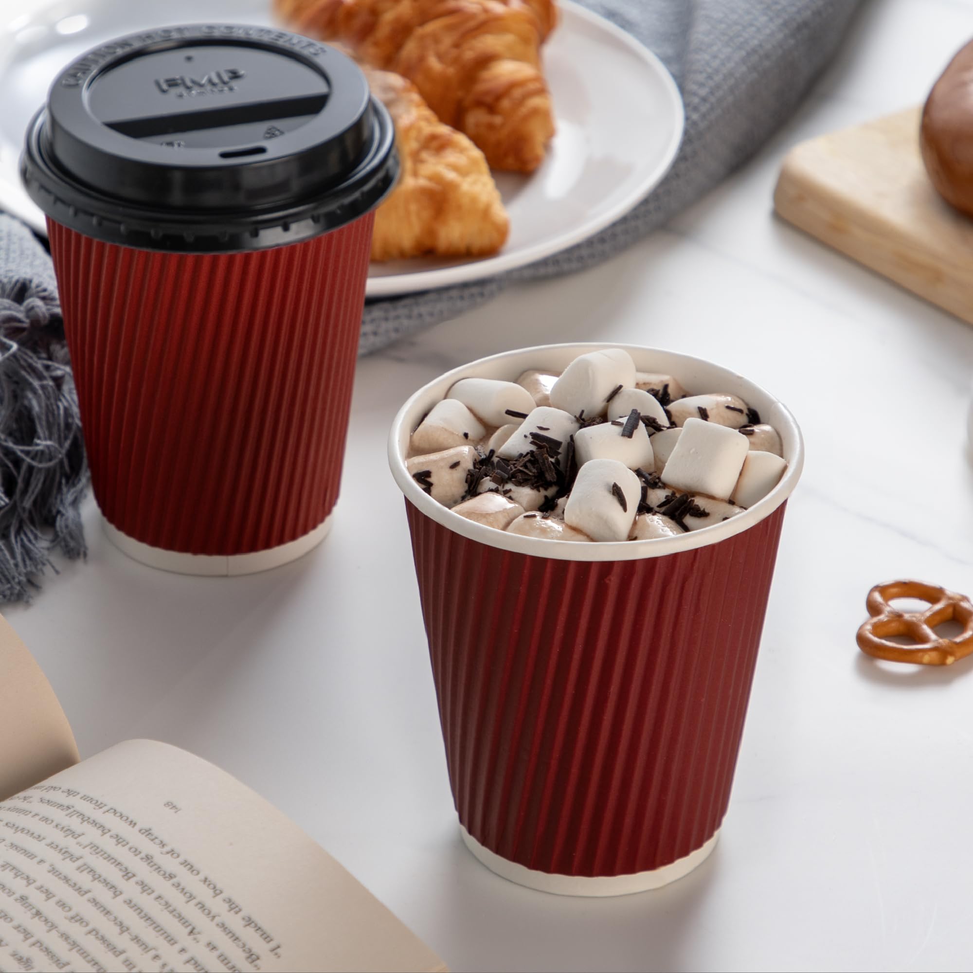 50 Pack 16oz Red Disposable Coffee Cups - Triple Wall Insulated Hot Drink Cups for Coffee, Hot Chocolate & Tea - Travel, Office & Home Use - Eco-Friendly Corrugated Paper Cups (Lids Not Included) - Perfect for Cafes, Takeout & Daily Beverages