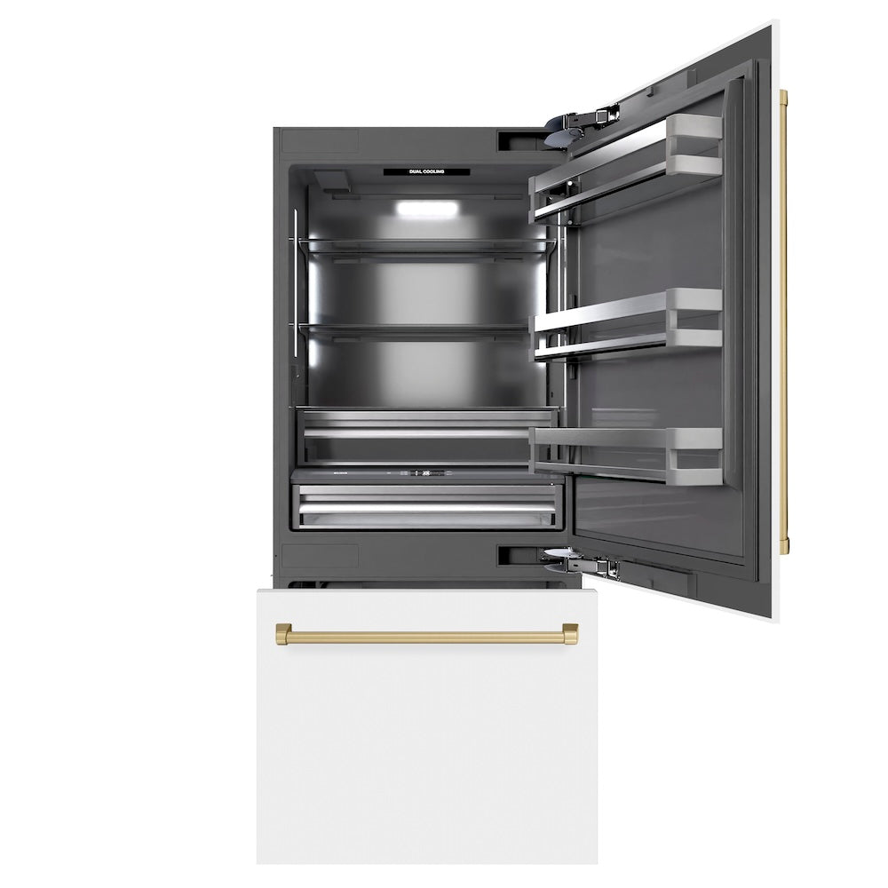 ZLINE Autograph Edition 36 Inch Built-In Bottom Freezer Refrigerator - 19.8 cu ft Capacity, Water Dispenser & Ice Maker - White Matte Exterior with Graphite Gray Interior & Champagne Bronze Accents - Perfect for Modern Kitchens & Luxury Homes (GRBITZ WM 36 CB)