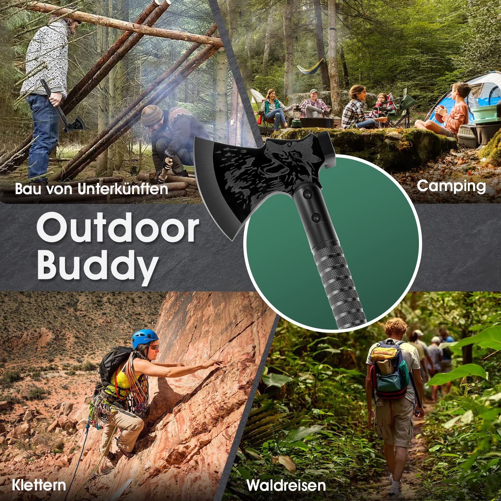 10-in-1 Survival Axe Multi-Tool with Knife & Compass - Premium Camping Hatchet for Wood Splitting, Outdoor Adventures, Hunting & Gardening - Includes Gift Box (Black) - Perfect for Emergency Kits, Bushcraft & Wilderness Survival