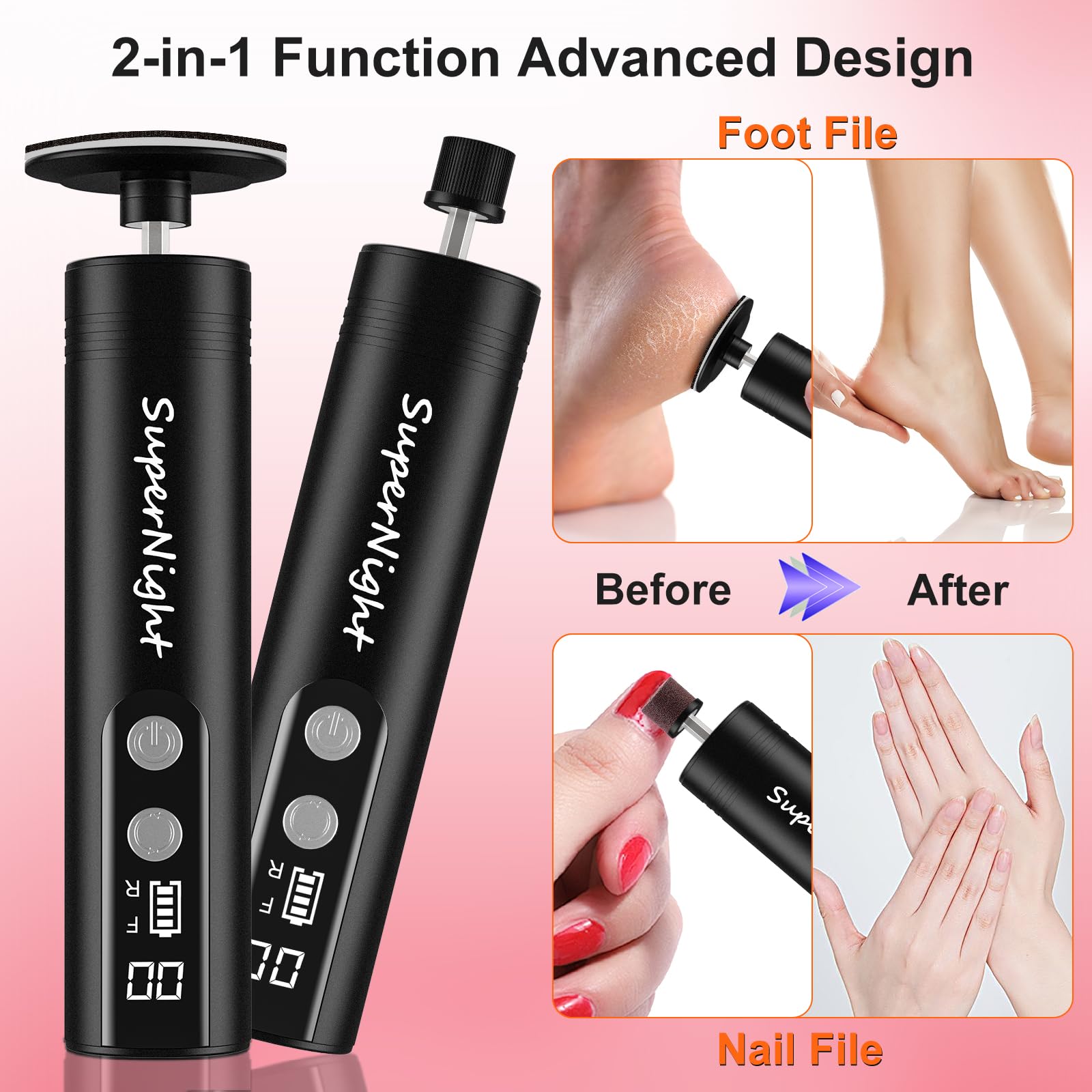 Electric Foot Callus Remover & Nail Grinder - 2 in 1 Cordless Rechargeable Pedicure Tool with Digital Display, 9 Adjustable Speeds for Dead Skin Removal - Perfect for Home Pedicures & Foot Care (Black)
