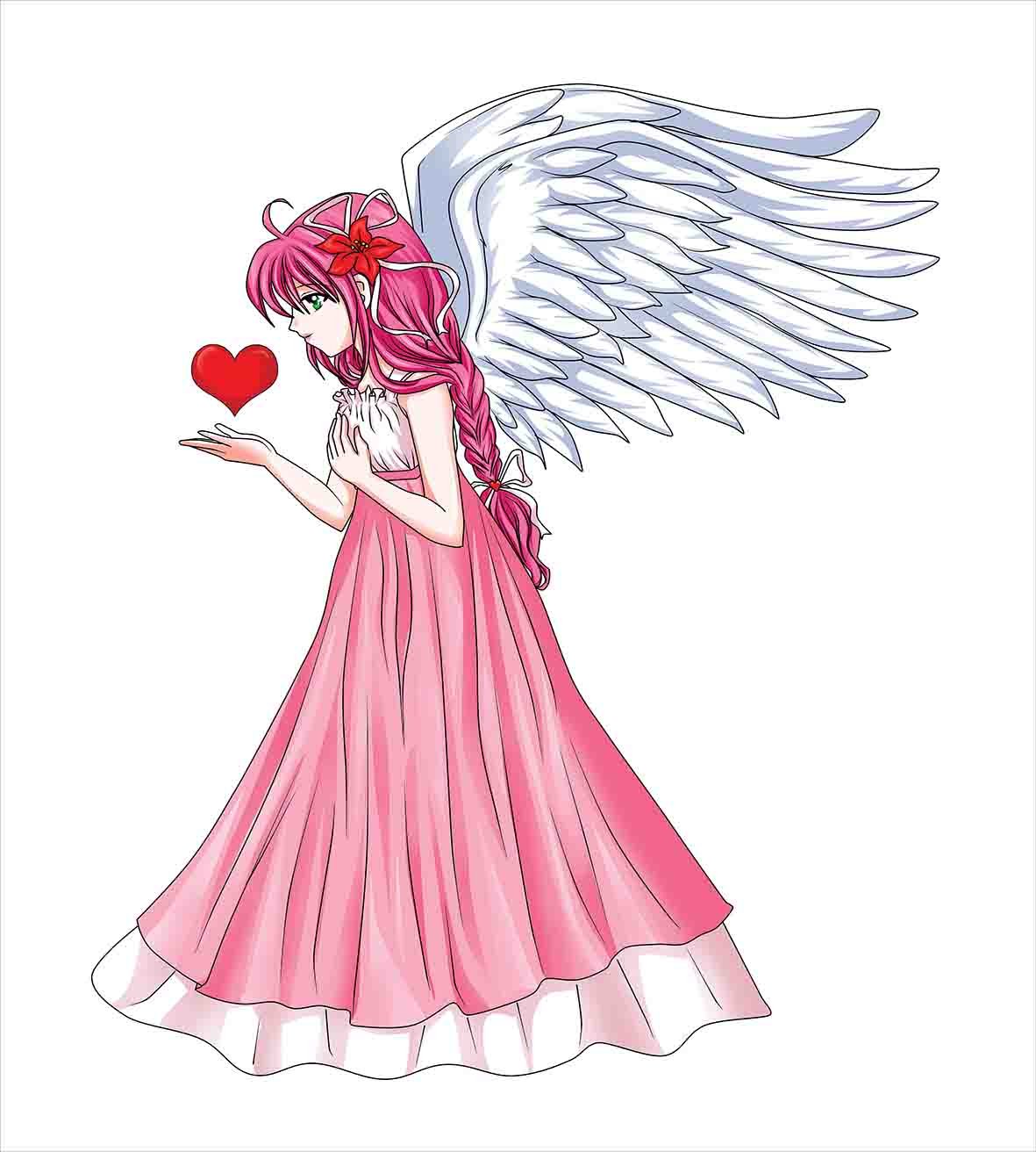 Ambesonne Anime Duvet Cover Set - Pink Dress Angel Holding Heart, Romantic Valentine's Day 3-Piece Bedding Set with 2 Pillow Shams, King Size in Pink Red White | Perfect for Anime Lovers' Bedroom Decor, Valentine's Gift & Cozy Sleep