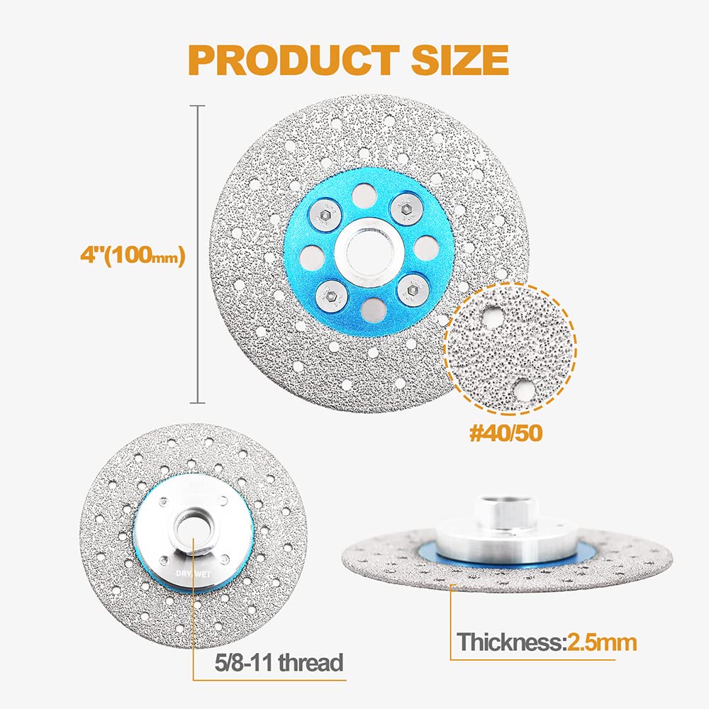 4-Inch Diamond Granite Cutting Wheel - 2 Pack Vacuum Brazed Angle Grinder Blade with 5/8-11 Thread for Granite, Porcelain, Tile, Stone, Marble & Quartz - Perfect for Grinding, Beveling, Shaping & Rounding Edges in Construction & DIY Projects