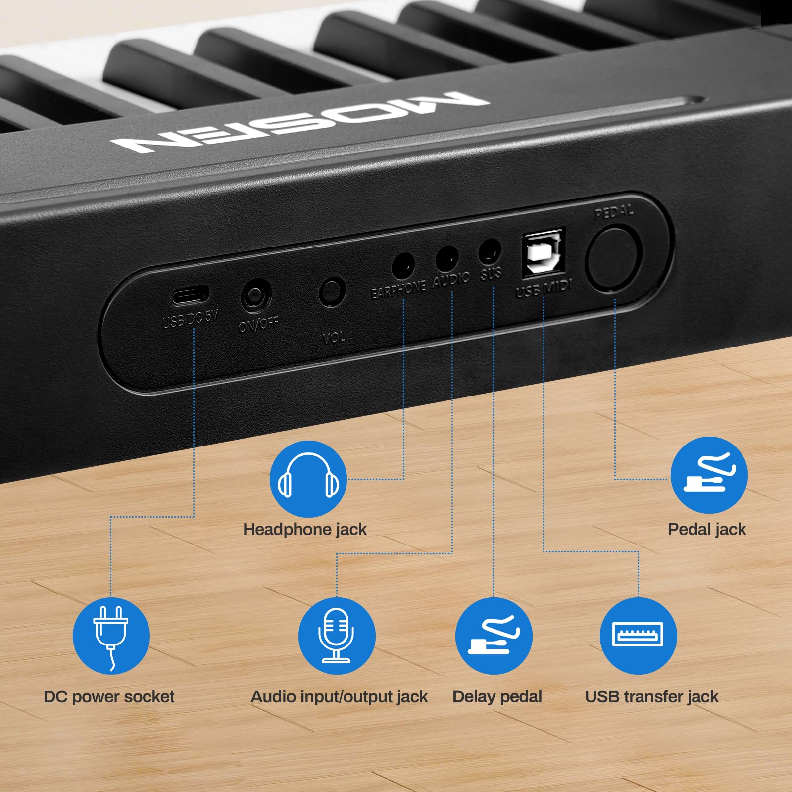 MOSEN 88-Key Digital Piano Keyboard with Semi-Weighted Keys - Professional Double Keyboard with LED Display, 380 Tones, 128 Rhythms & 88 Demo Songs - Includes Piano Lessons, Keyboard Stand & Sustain Pedal (MSP-45BK, Black) - Perfect for Home Practice, Music Education & Live Performances