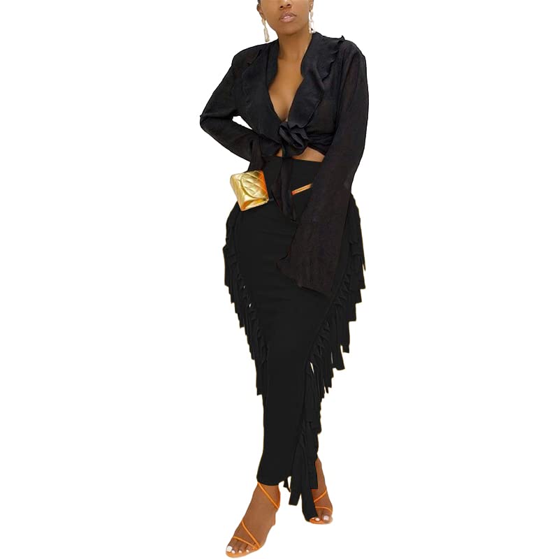 LYANER Women's Fringed Side Tassels Elastic Waist Slim Bodycon Pencil Maxi Skirt - Stylish Boho Chic Skirt for Party, Date Night & Casual Outfits
