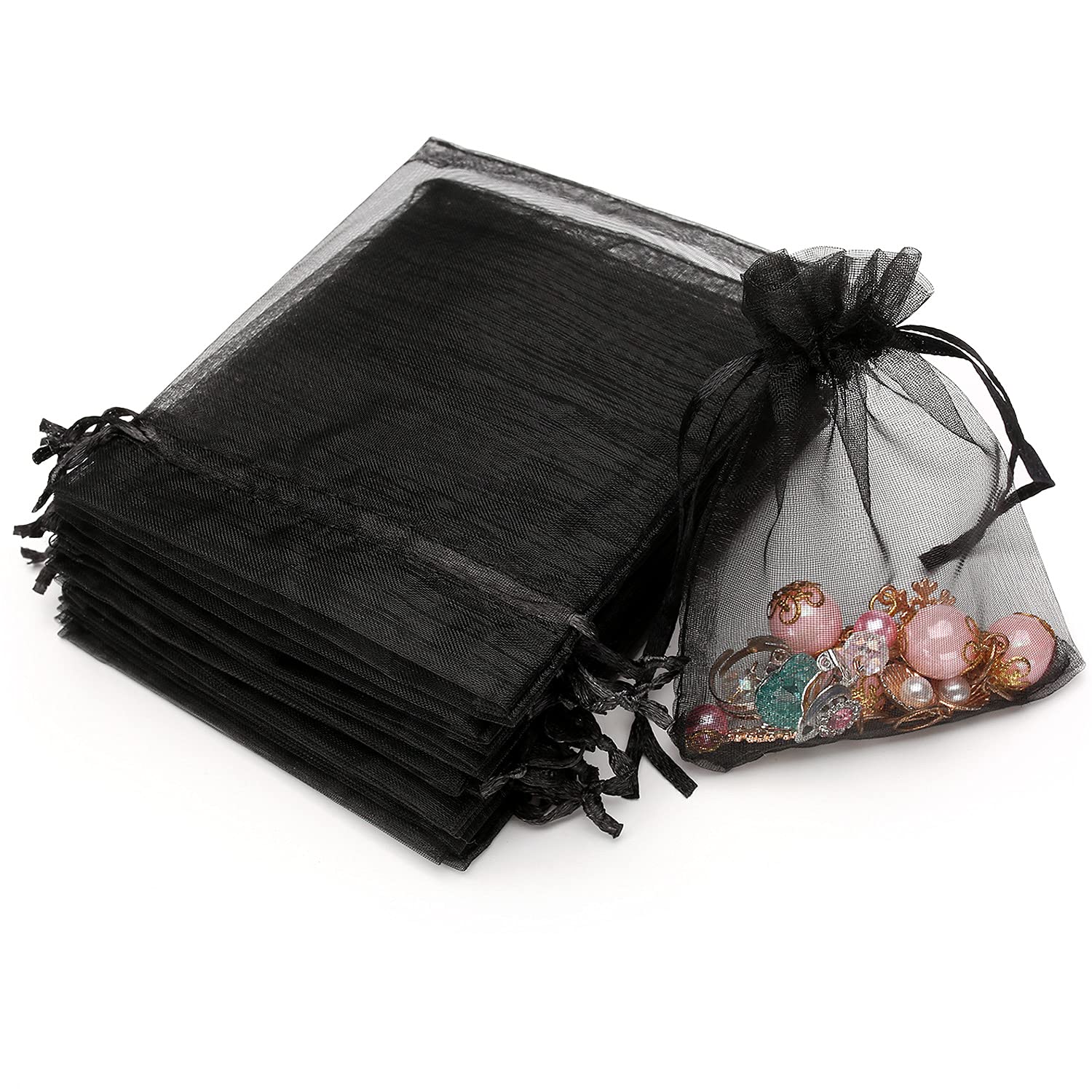 50pcs Black Organza Drawstring Bags 3.15x3.9 inch - Premium Wedding Favor Bags, Jewelry Pouches, Party Gift Bags for Candy, Bridal Shower, Birthday, Baby Shower & Festival Favors