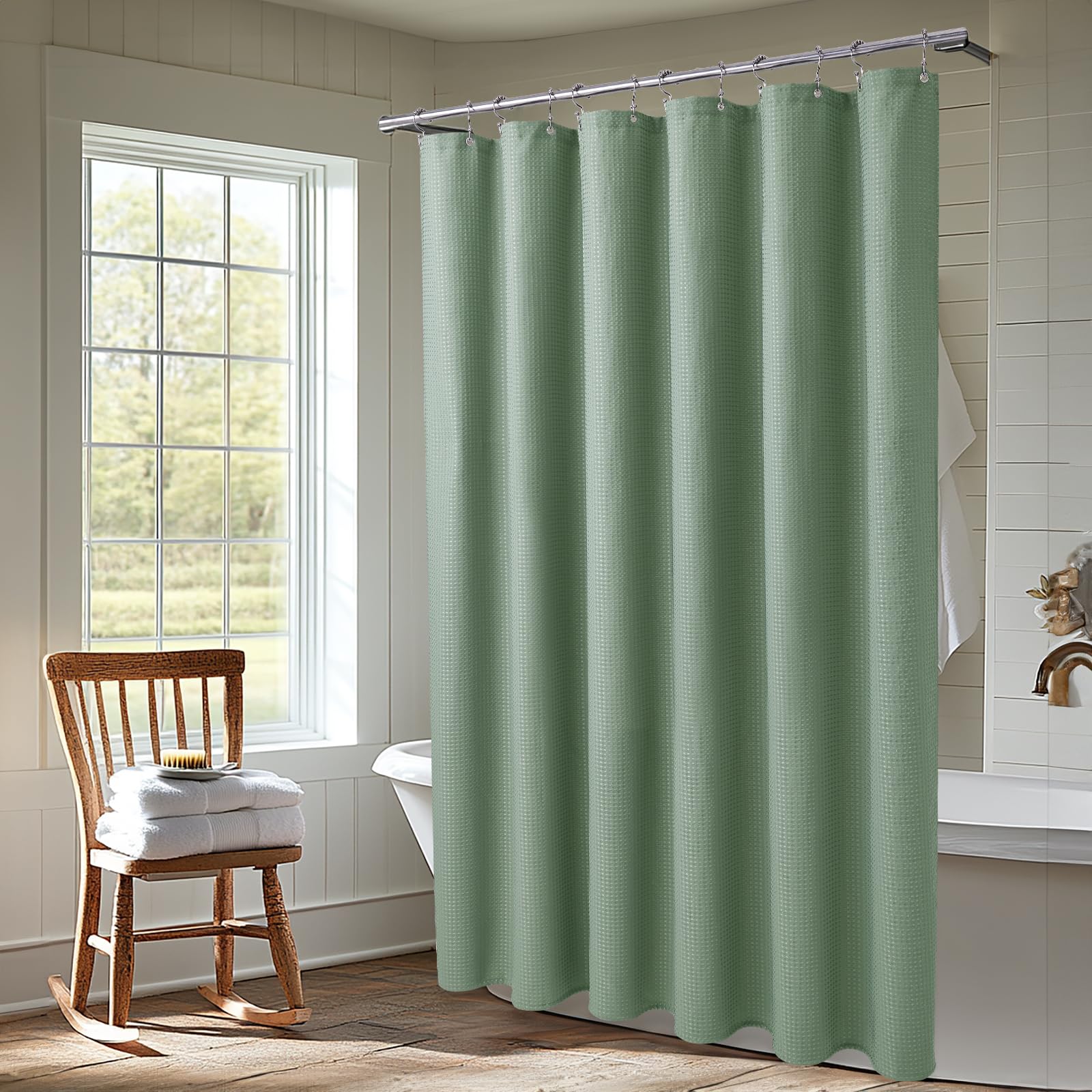 Waffle Weave Shower Curtain Set with Fabric Liner & Clear Plastic Liner - Includes 12 Rustproof Stainless Steel Hooks for Bathroom Decor - Perfect for Modern, Farmhouse & Spa-Style Bathrooms