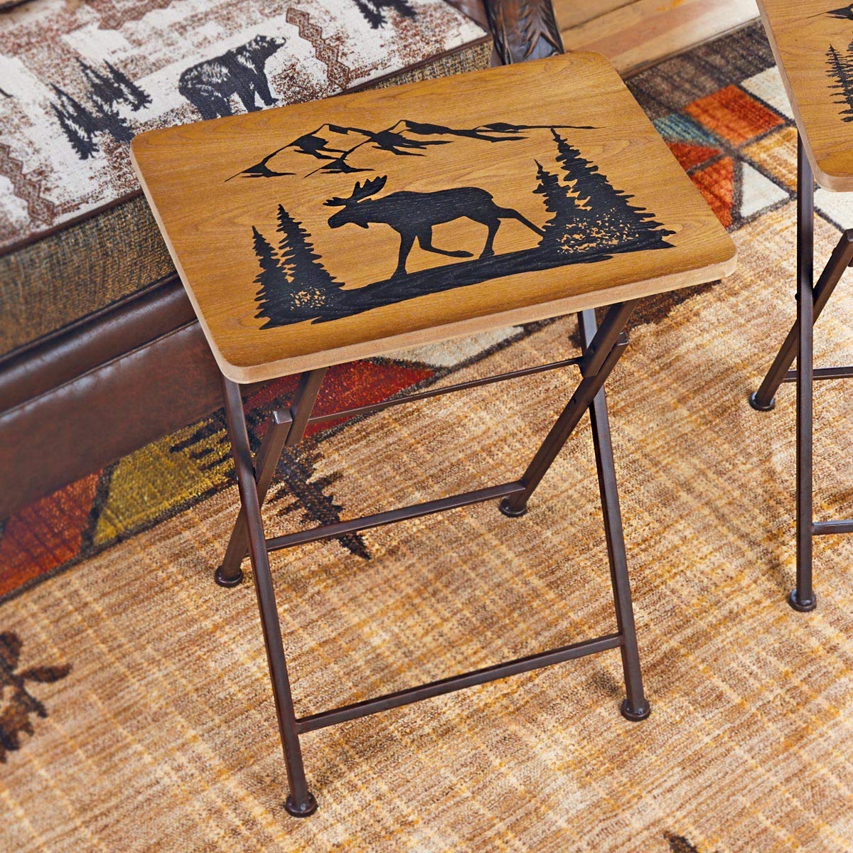 BLACK FOREST DECOR Wooden Moose Folding Side Table with Tray - Rustic Cabin Decor for Living Room, Bedroom, or Porch