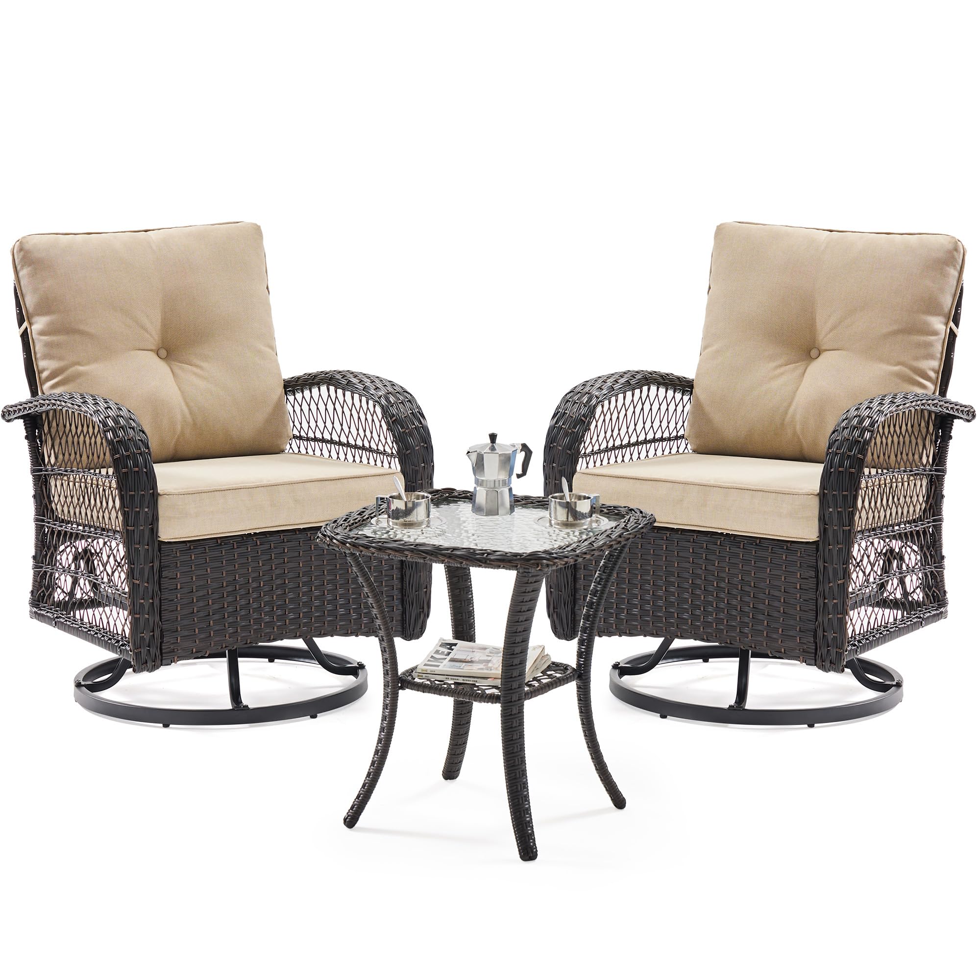 UDPATIO 3-Piece Outdoor Patio Furniture Set - 2 Swivel Rocker Chairs with Thick Cushions & Glass Coffee Table, All-Weather Wicker for Porch, Deck, Backyard, Garden (Khaki) - Perfect for Relaxing, Entertaining & Outdoor Lounging