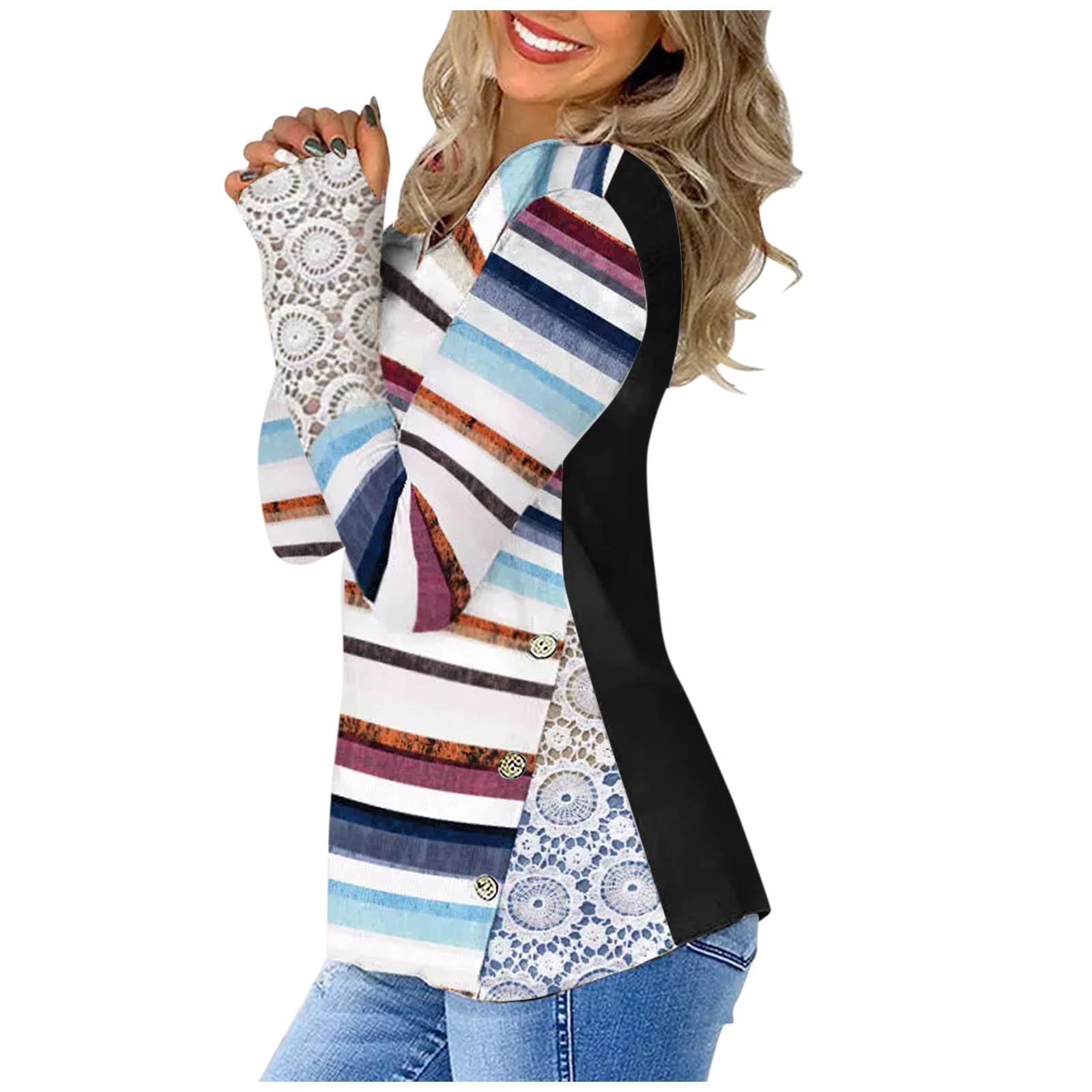 Stylish Women's Color Block Striped V-Neck Button-Up Sweatshirt - Long Sleeve Dry Fit Tee for Casual Wear & Layering