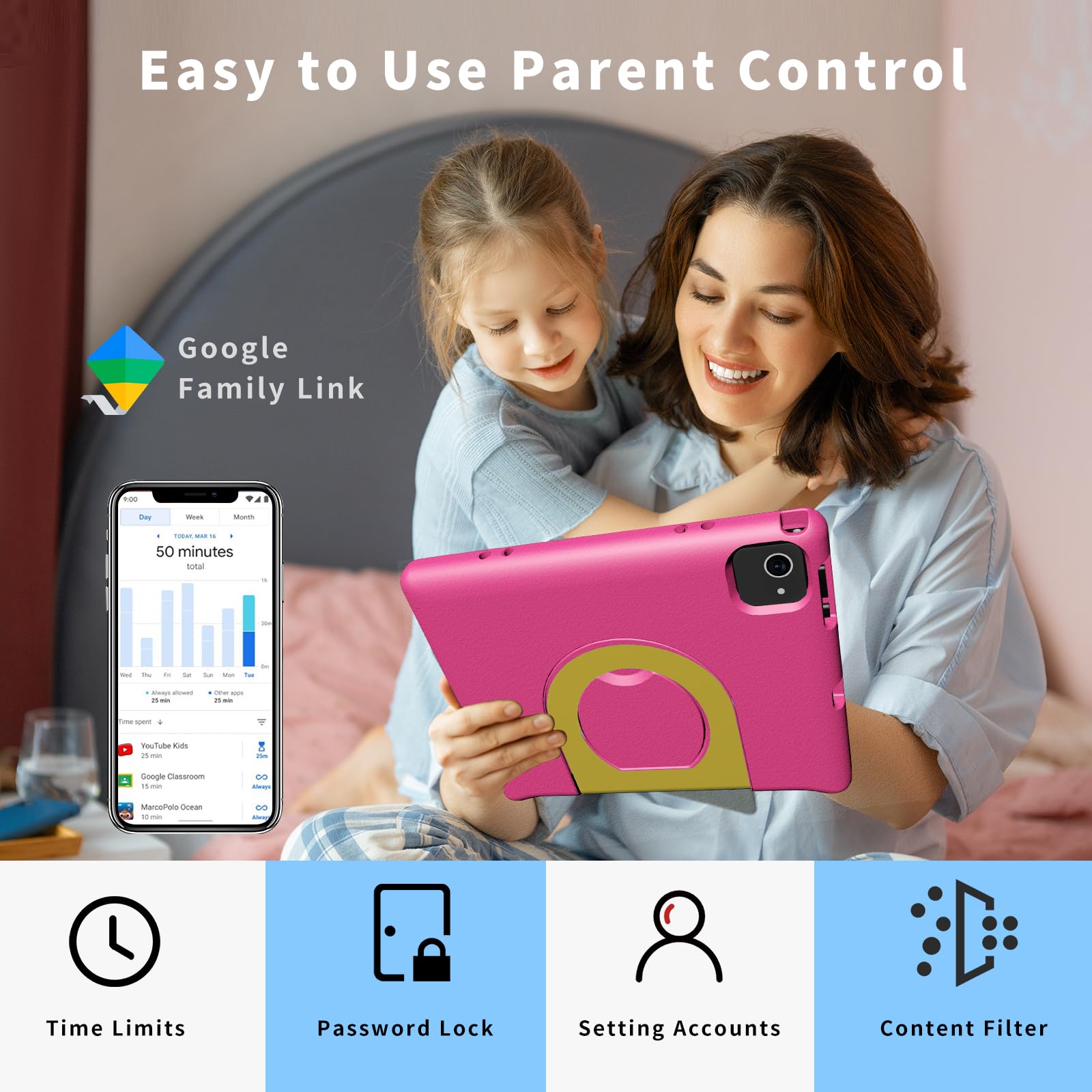 10 Inch Kids Tablet with Strap & Protective Case - Android 14 Octa-Core 64GB/1TB Expandable - Bluetooth WiFi Dual Camera 12-Hour Battery - Parental Control Toddler Learning Tablet for Home & Travel Use