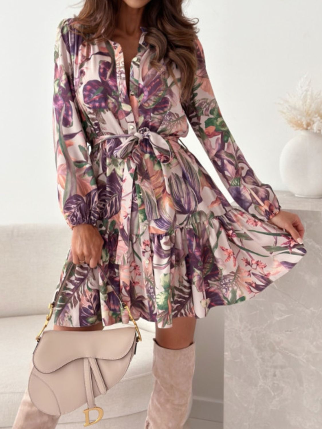 Elegant Floral Long Sleeve Dress with Ruffle Hem - Perfect for Beach Vacations, Resort Wear & Summer Parties