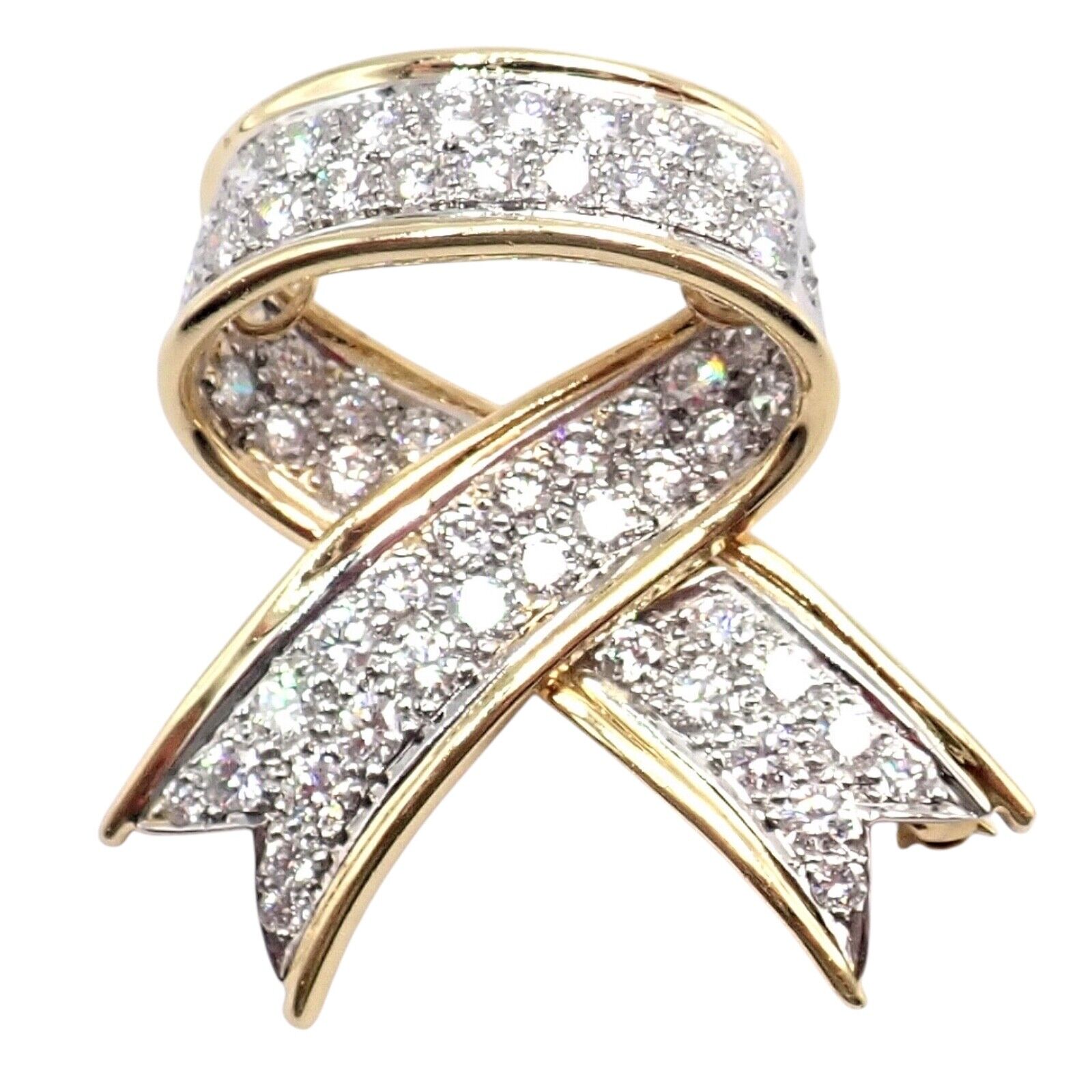 Vintage Tiffany & Co 18k Yellow Gold Platinum Diamond Ribbon Bow Pin Brooch - Elegant Jewelry for Women, Perfect for Weddings, Parties & Special Occasions