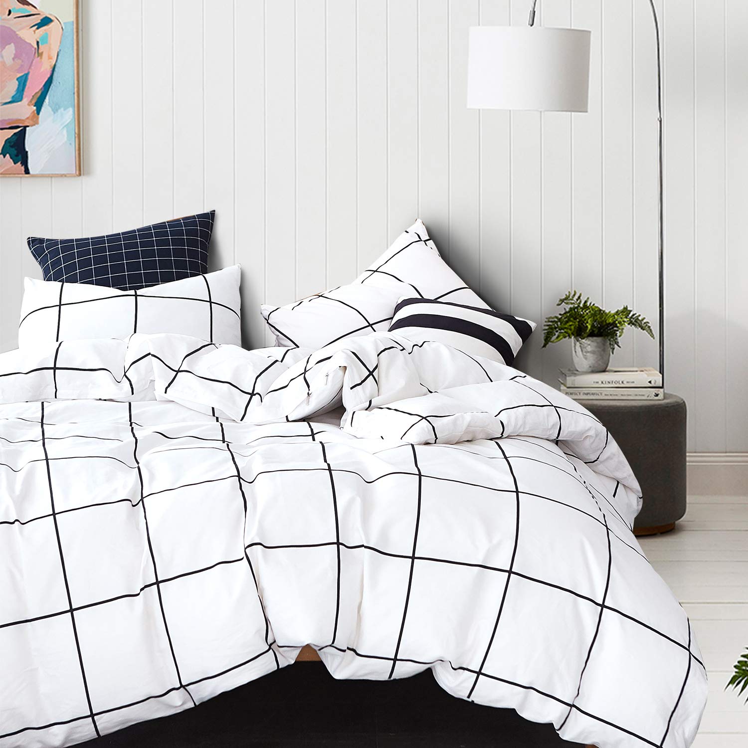 CLOTHKNOW White Plaid Comforter Set California King 3-Piece - Checkered Black & White Bedding with 2 Pillowcases | Soft & Cozy for Master Bedroom, Guest Room & Dorm