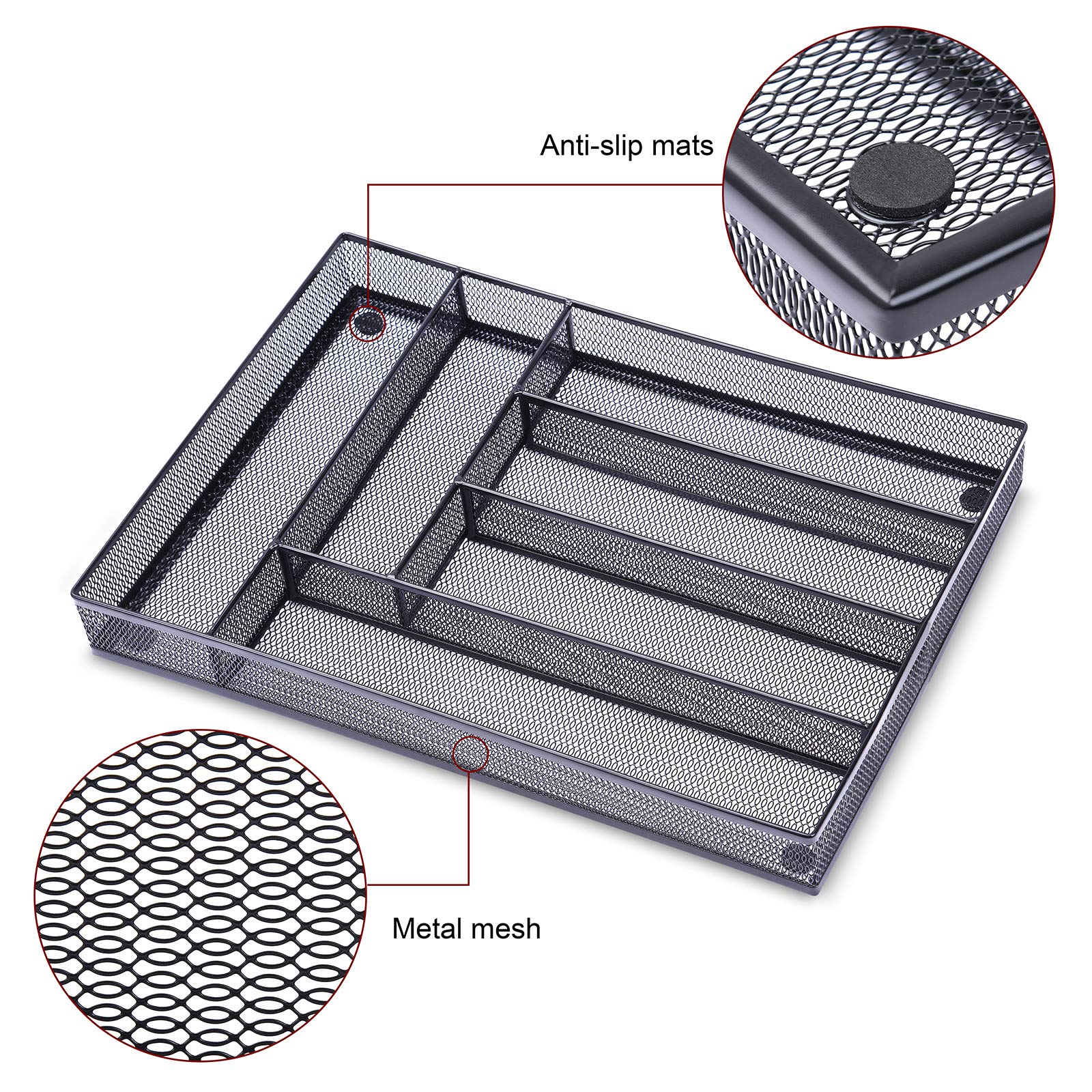6-Compartment Mesh Desk Drawer Organizer - Black Office Supplies Tray for Stationery, Makeup & Small Items | Perfect for Home, Office & School Organization