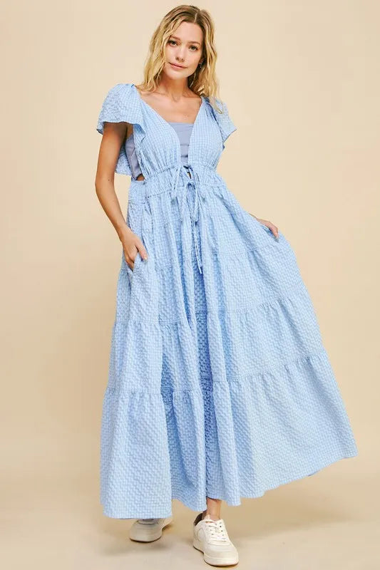 Crinkled Texture Blue Summer Midi Dress - Flowy Casual Beach Dress for Women | Perfect for Vacations, Date Nights & Outdoor Parties
