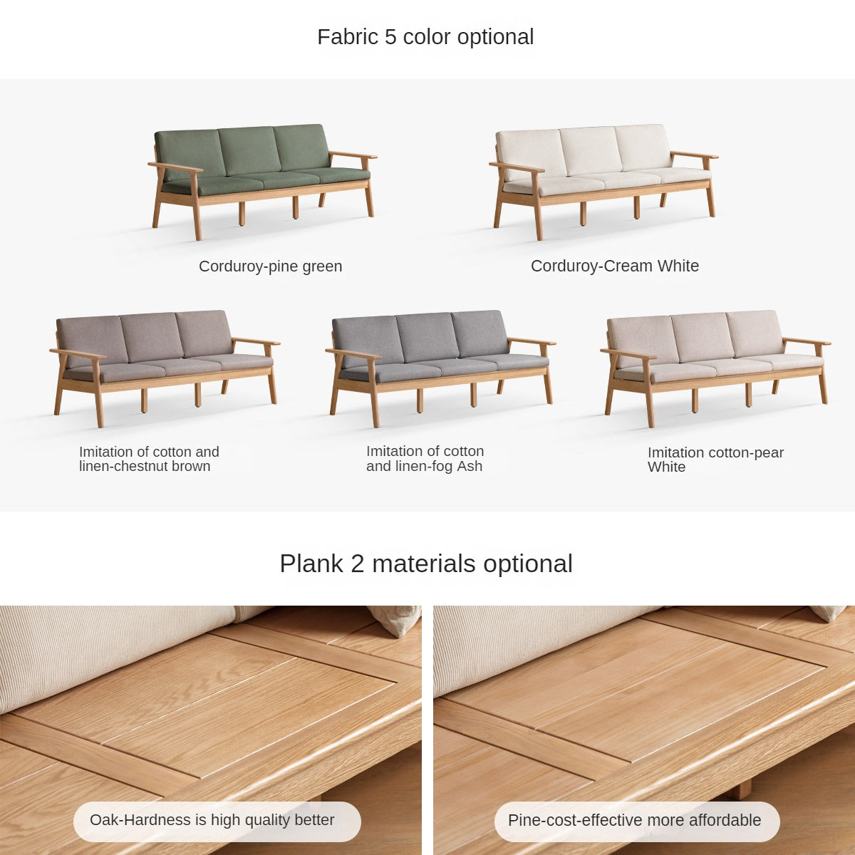 Japanese Style 3-Seater Fabric Sofa - Solid Oak & Pine Wood Frame - Perfect for Living Room, Lounge, or Zen Home Decor